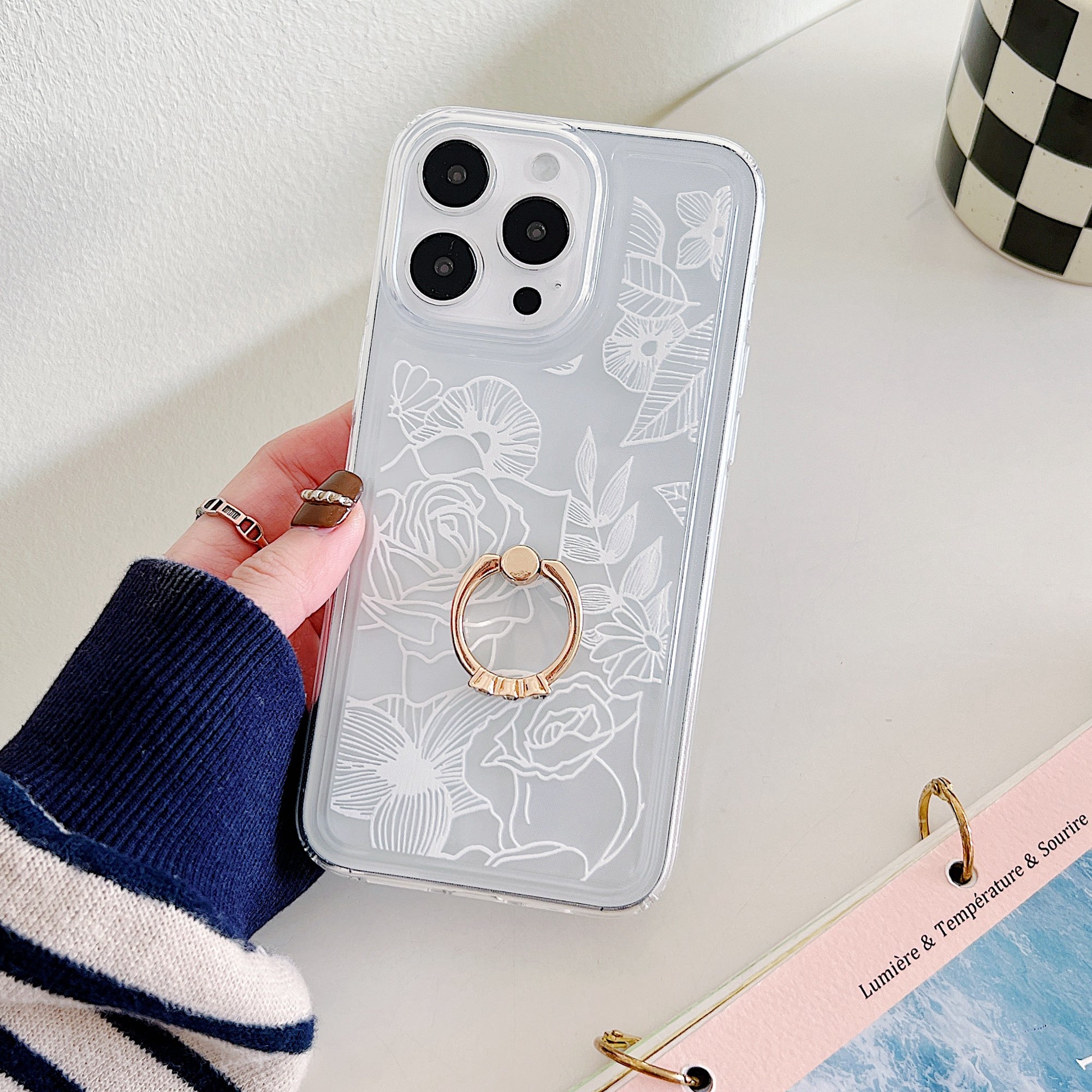 For iPhone 15 Pro Floral Case Airbag Design TPU Kickstand Phone Cover