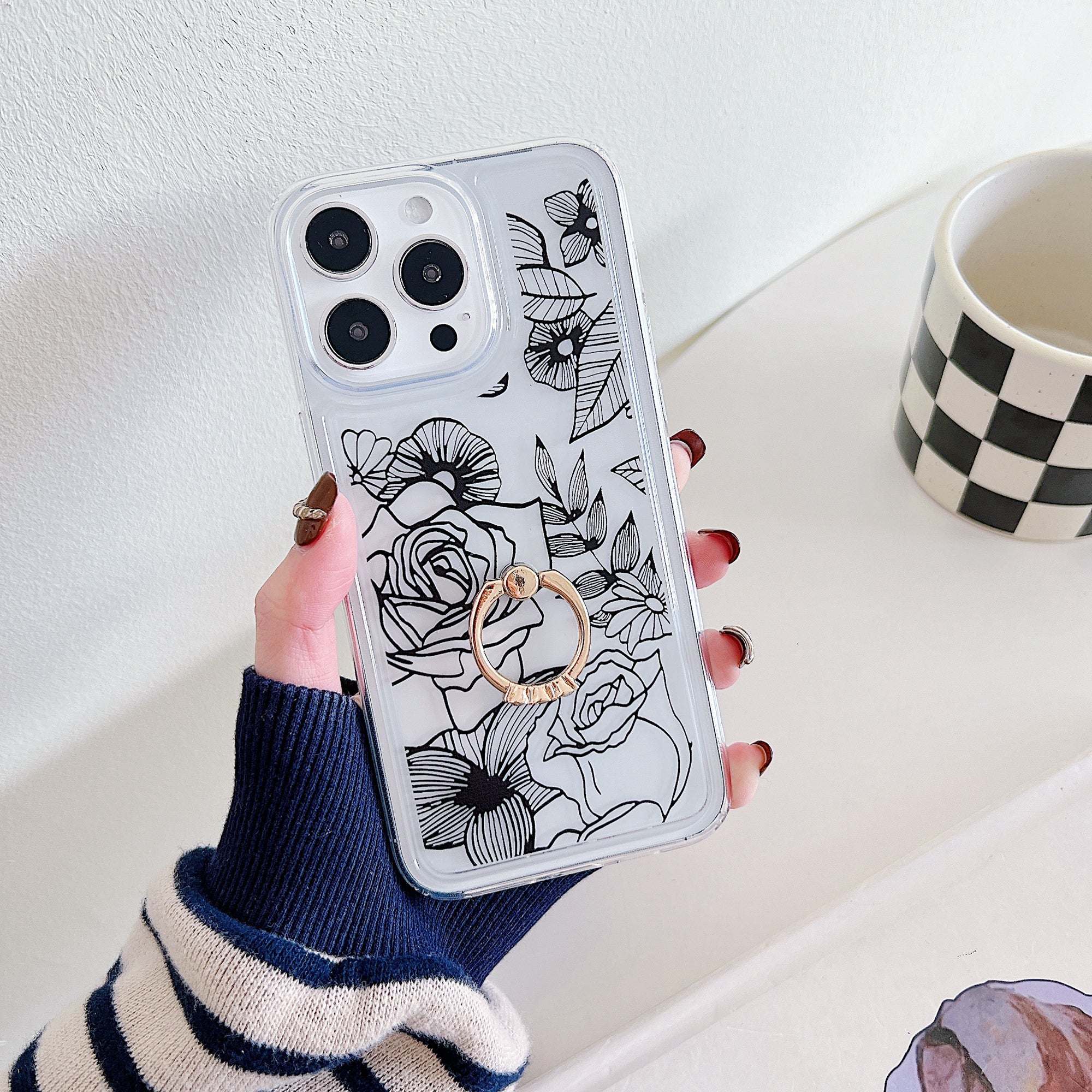 For iPhone 15 Pro Max Phone Case with Ring Holder Flower Pattern TPU Phone Cover
