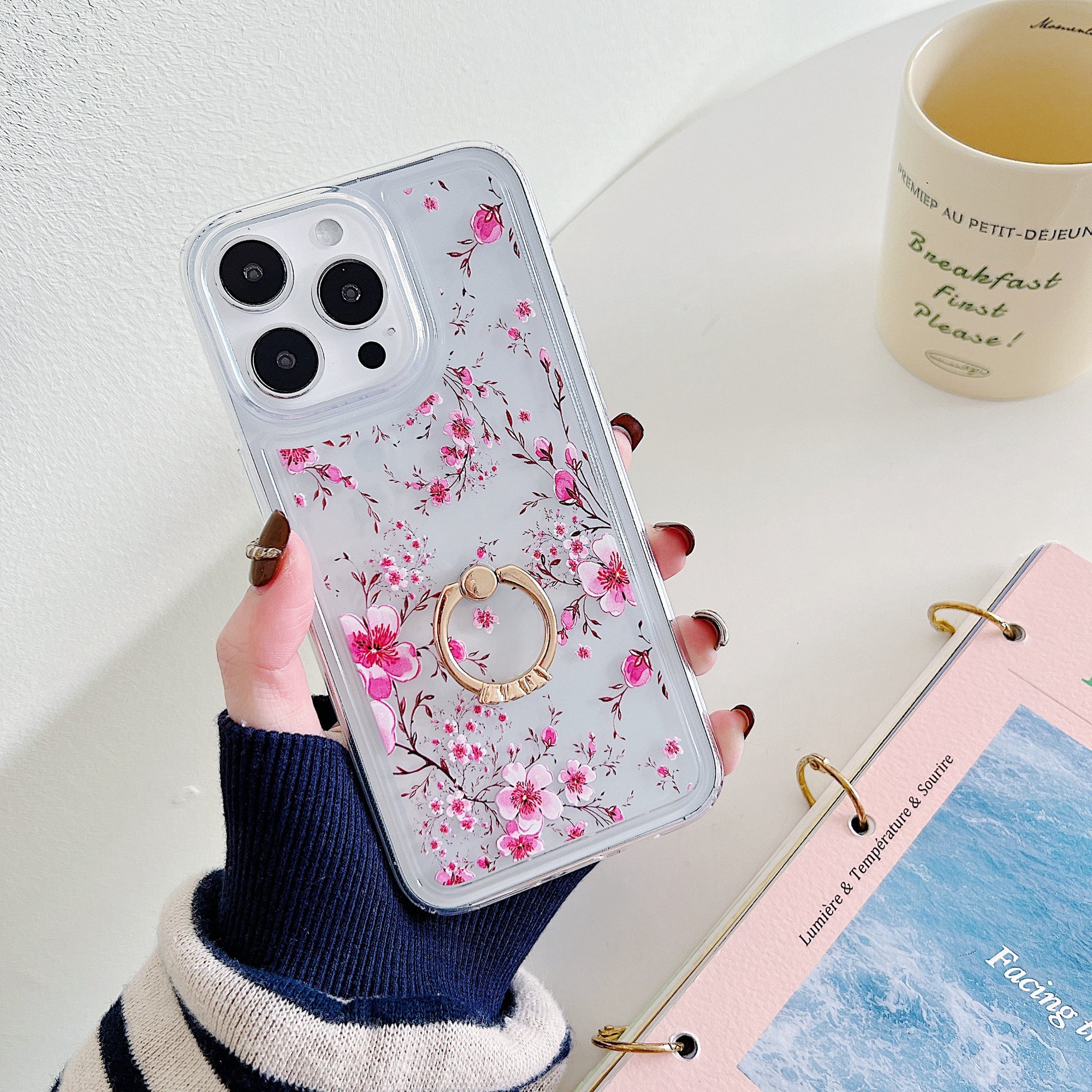For iPhone 15 Pro Max Phone Case with Ring Holder Flower Pattern TPU Phone Cover
