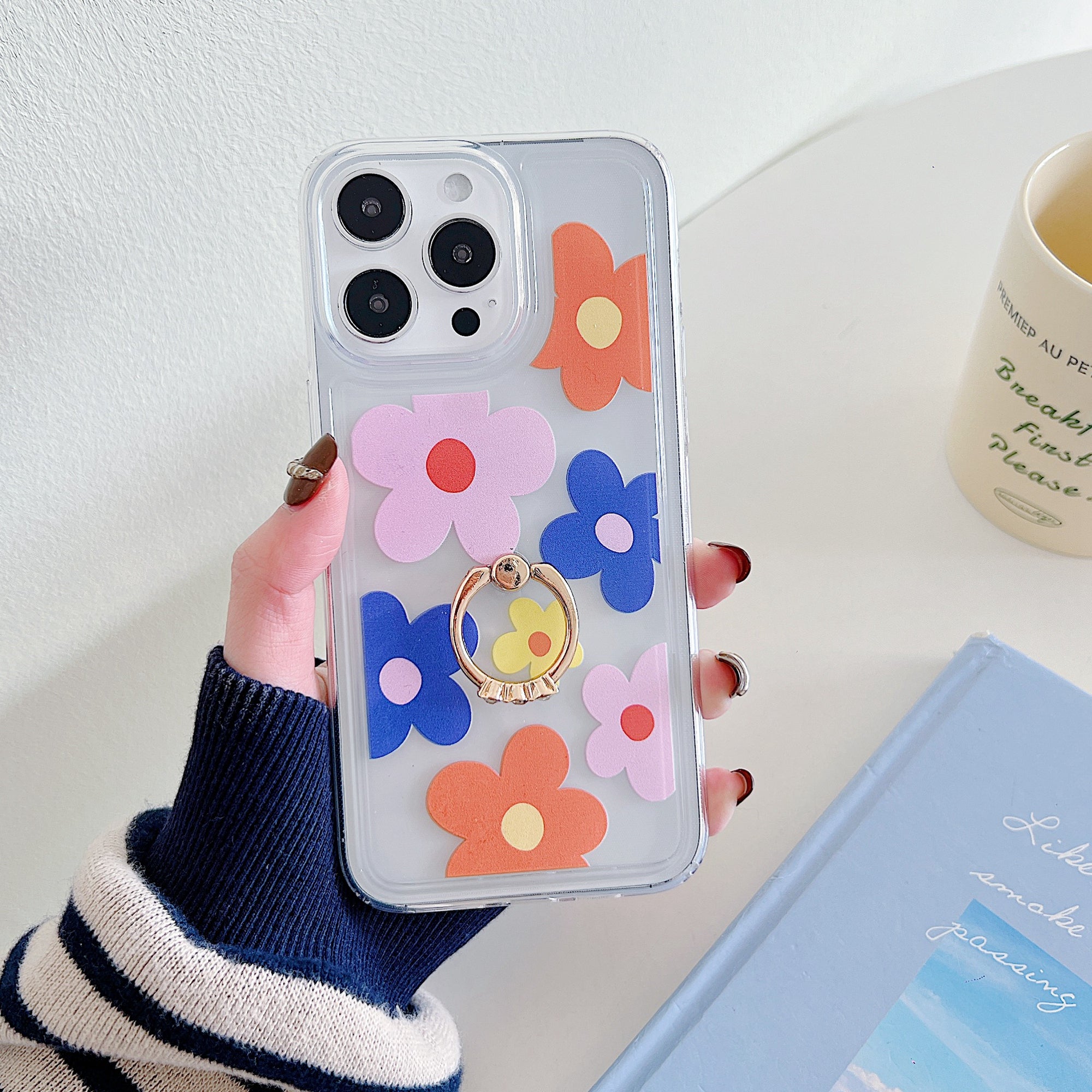 For iPhone 15 Pro Max Phone Case with Ring Holder Flower Pattern TPU Phone Cover