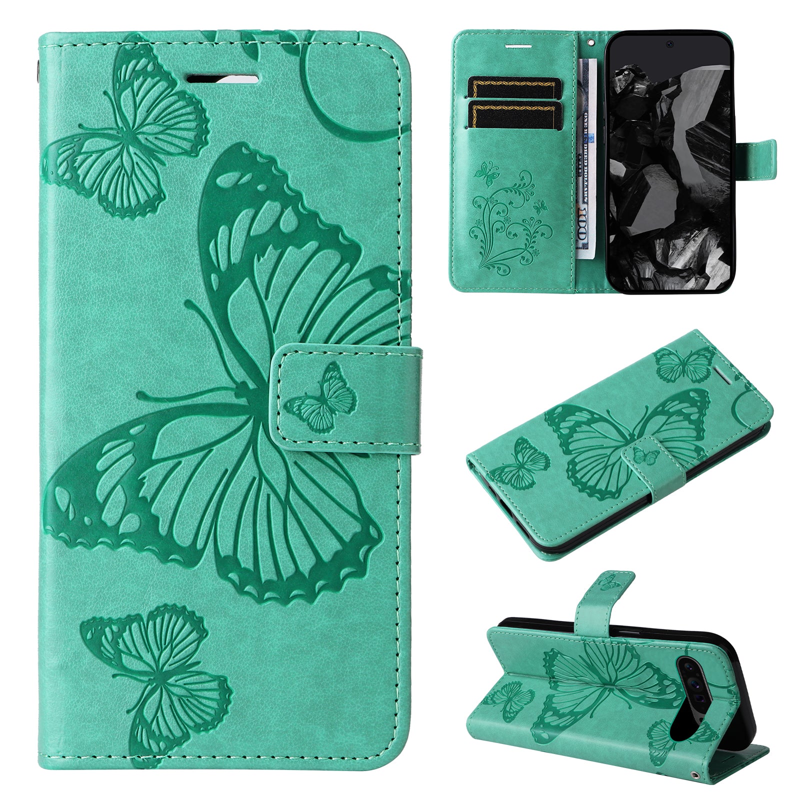 KT Imprinting Flower Series-2 For Google Pixel 9 Pro Leather Case Butterfly Phone Wallet Cover
