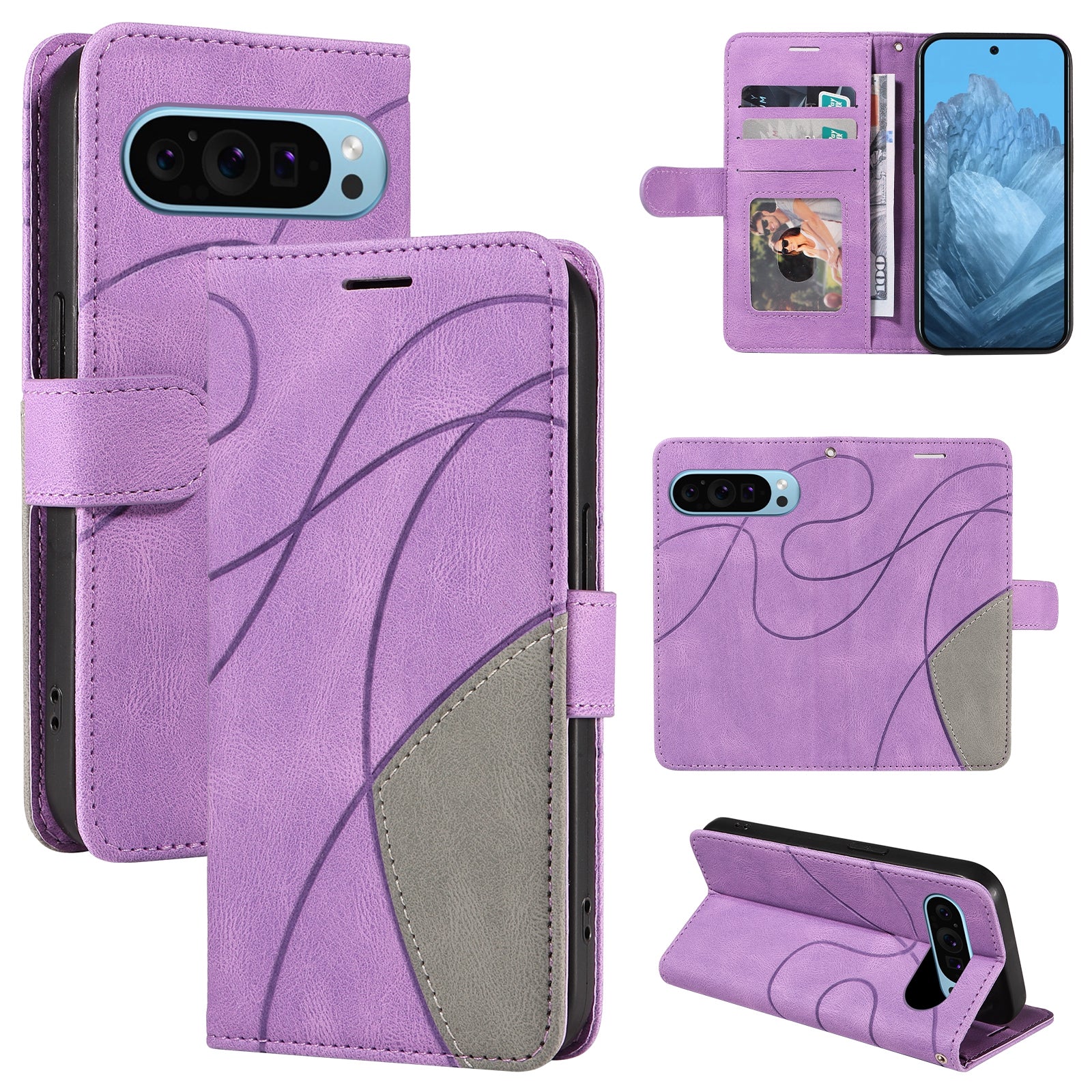 KT Leather Series-1 For Google Pixel 9 Phone Case Dual-color Splicing PU Leather Wallet Stand Cover