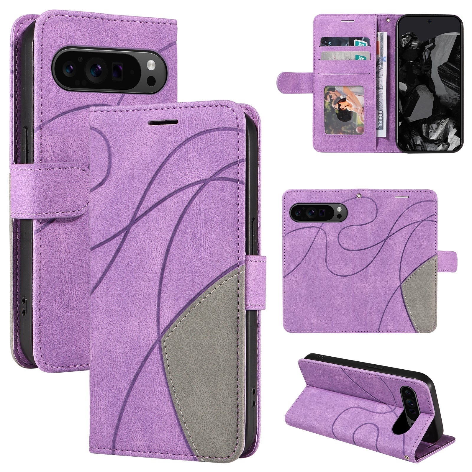 KT Leather Series-1 For Google Pixel 9 Pro Dual-color Splicing Cover Leather Wallet Anti-drop Phone Case