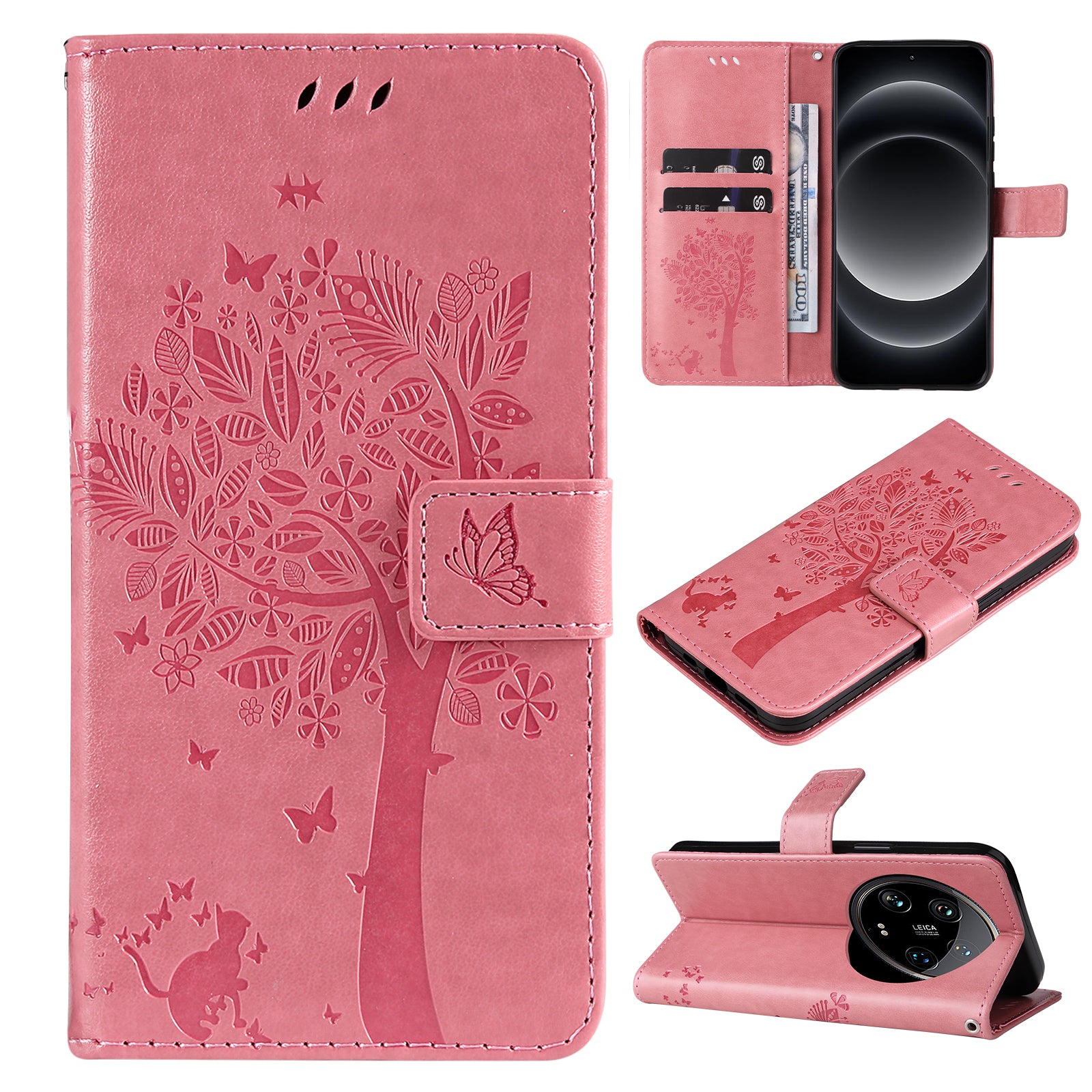 KT Imprinting Flower Series-3 For Xiaomi 14 Ultra Wallet Phone Case Cat Tree Pattern Leather Cover