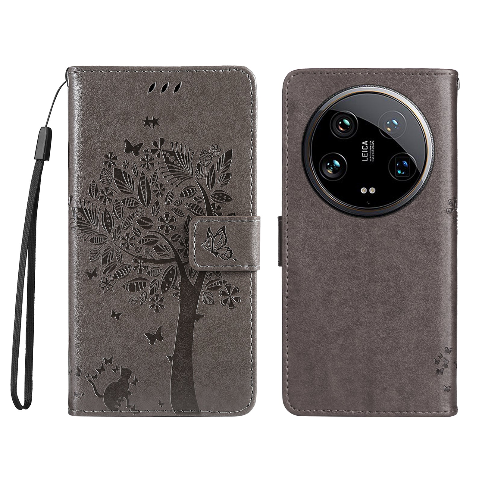 KT Imprinting Flower Series-3 For Xiaomi 14 Ultra Wallet Phone Case Cat Tree Pattern Leather Cover
