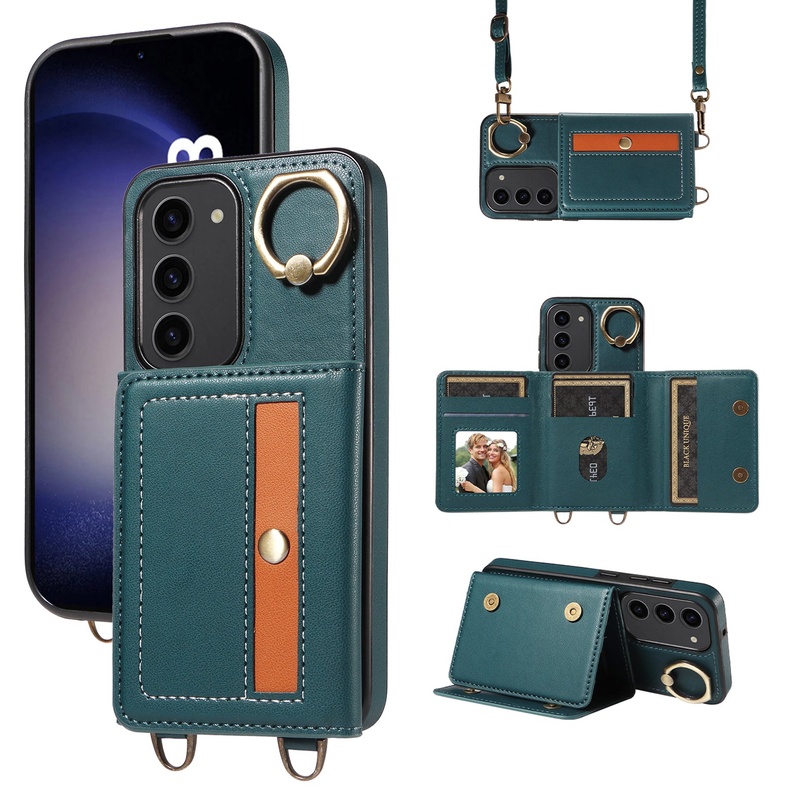 007 For Samsung Galaxy S23 Case with Ring Splicing Design Kickstand Leather Coated TPU Cover