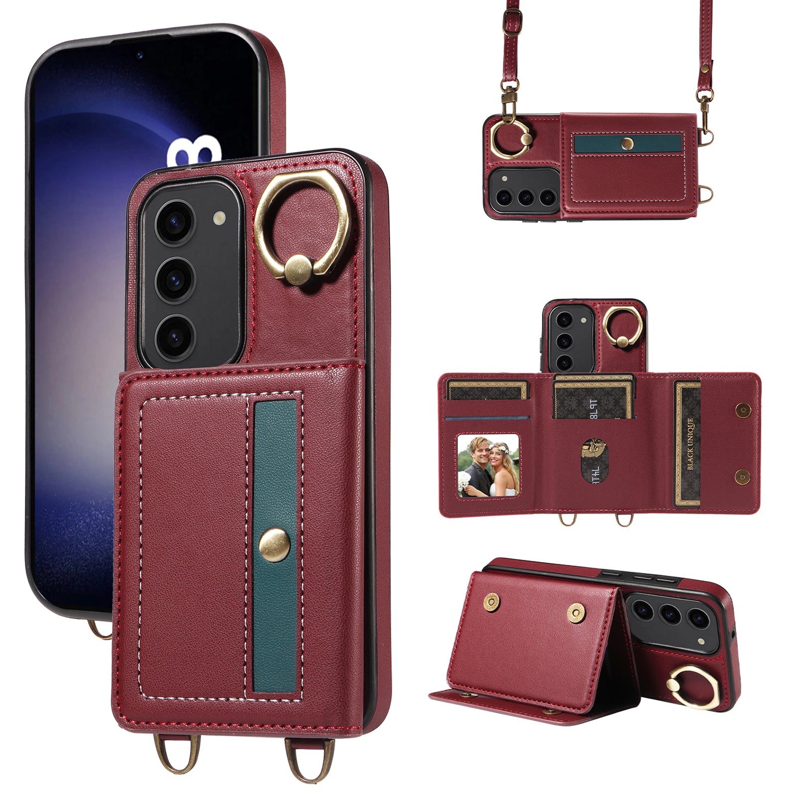 007 For Samsung Galaxy S23 Case with Ring Splicing Design Kickstand Leather Coated TPU Cover