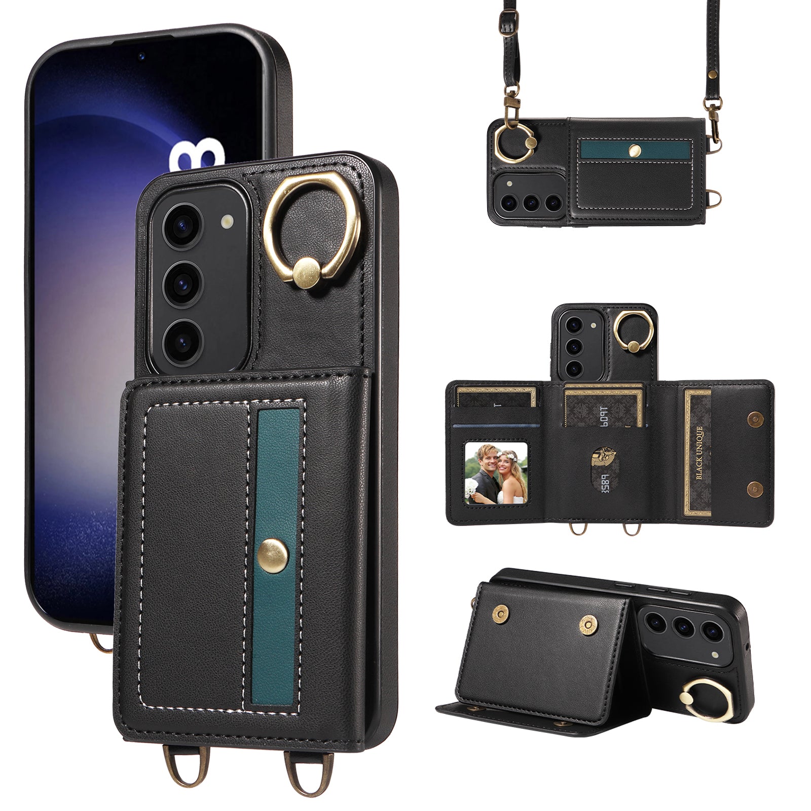 007 For Samsung Galaxy S23 Case with Ring Splicing Design Kickstand Leather Coated TPU Cover