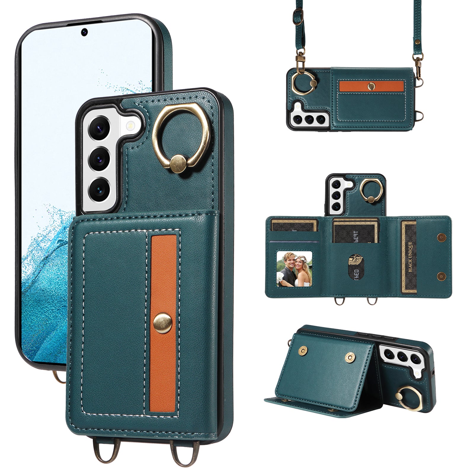 007 For Samsung Galaxy S22 5G Case Ring Kickstand PU Leather Coated TPU Cover with Card Slots