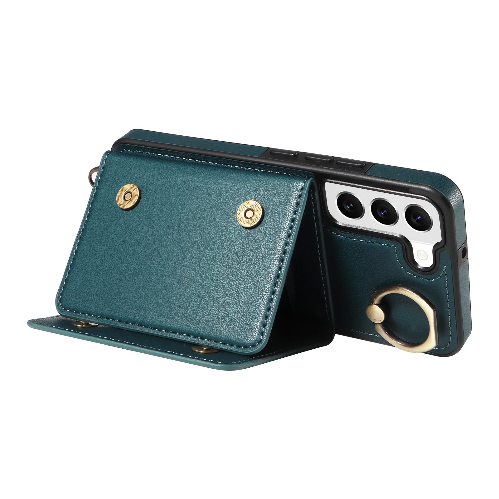 007 For Samsung Galaxy S22 5G Case Ring Kickstand PU Leather Coated TPU Cover with Card Slots