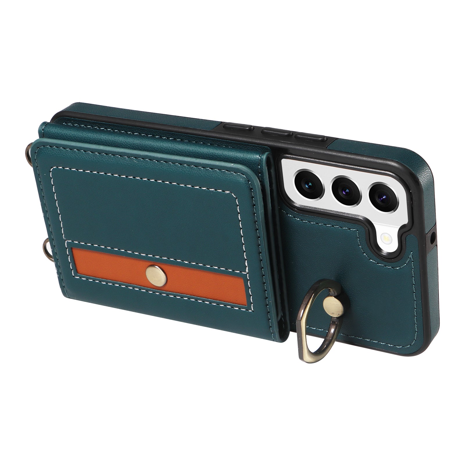007 For Samsung Galaxy S22 5G Case Ring Kickstand PU Leather Coated TPU Cover with Card Slots