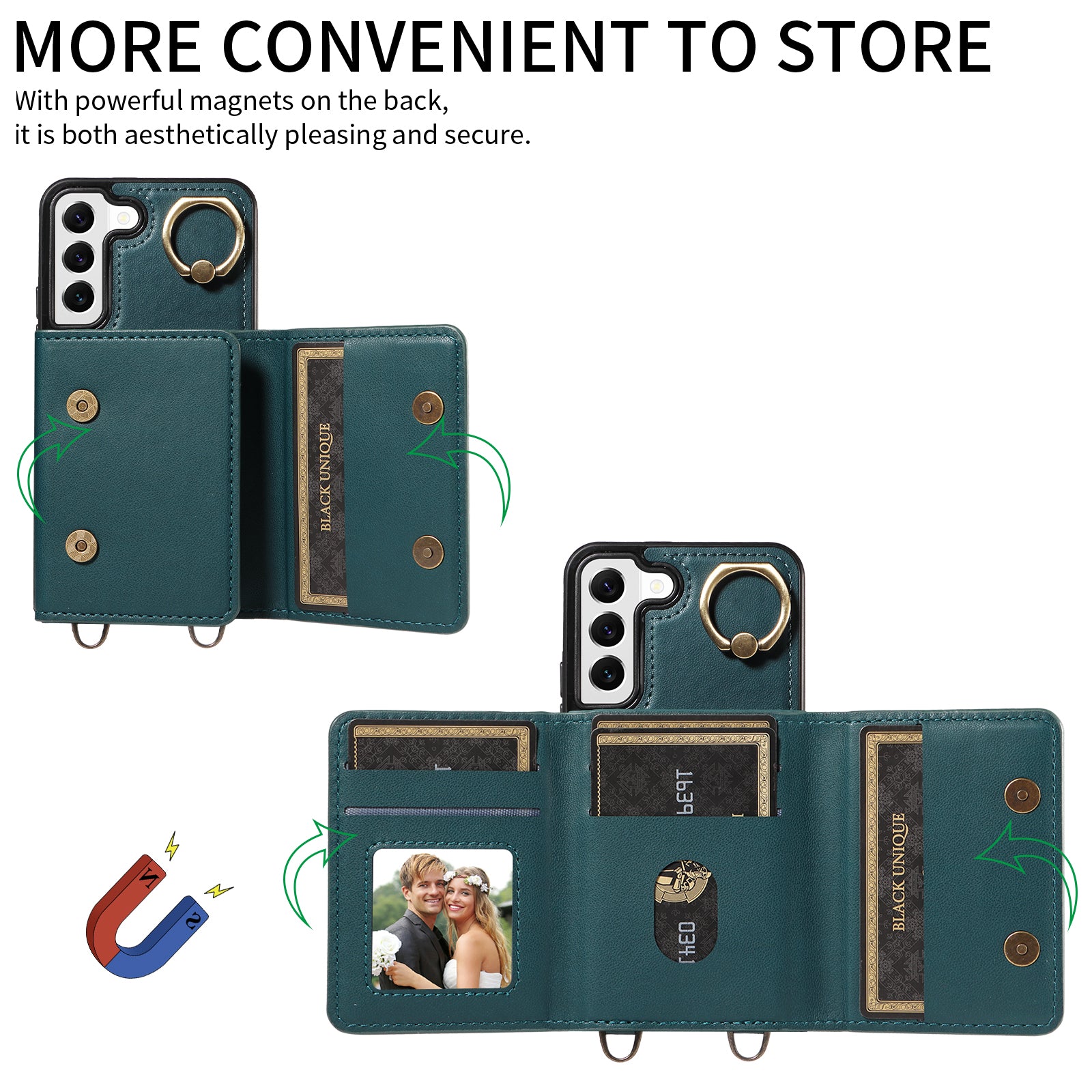 007 For Samsung Galaxy S22 5G Case Ring Kickstand PU Leather Coated TPU Cover with Card Slots