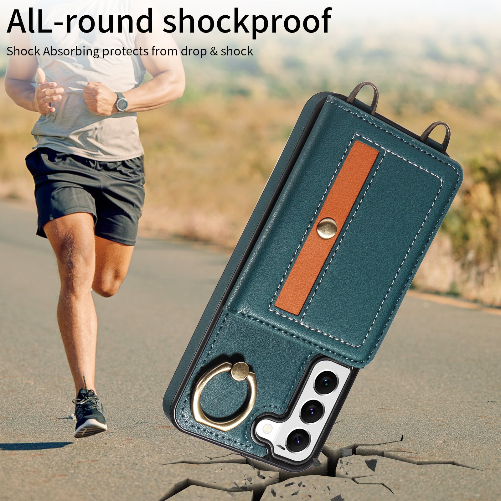 007 For Samsung Galaxy S22 5G Case Ring Kickstand PU Leather Coated TPU Cover with Card Slots