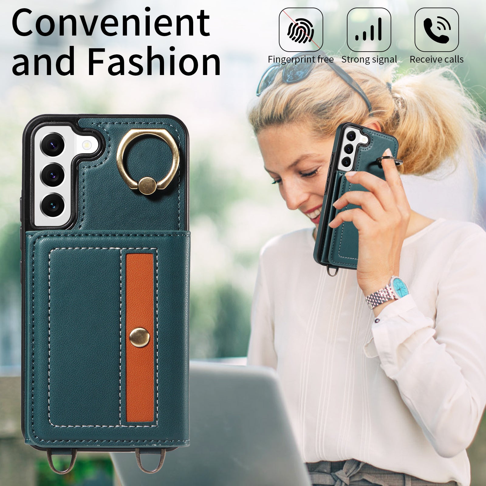 007 For Samsung Galaxy S22 5G Case Ring Kickstand PU Leather Coated TPU Cover with Card Slots