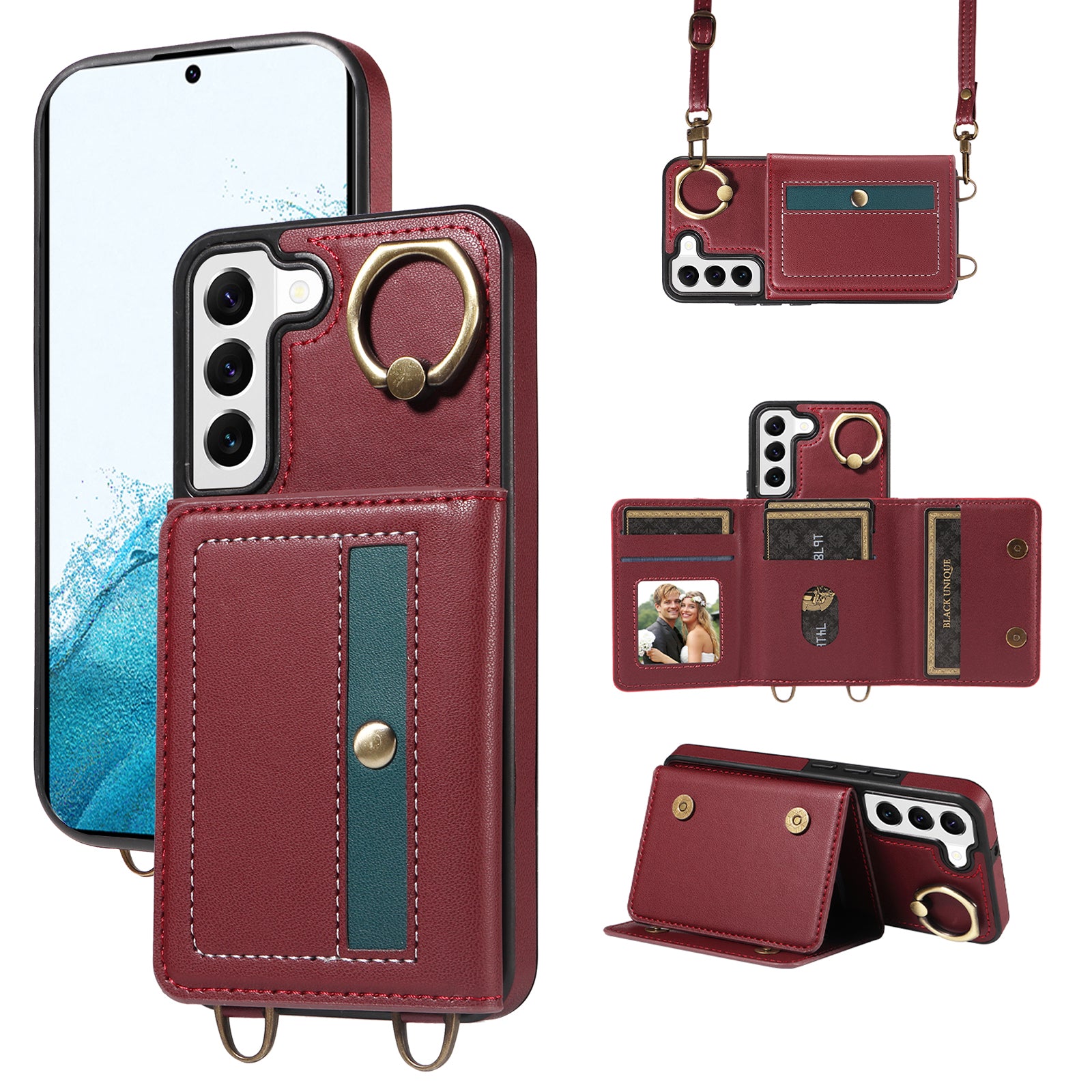 007 For Samsung Galaxy S22 5G Case Ring Kickstand PU Leather Coated TPU Cover with Card Slots