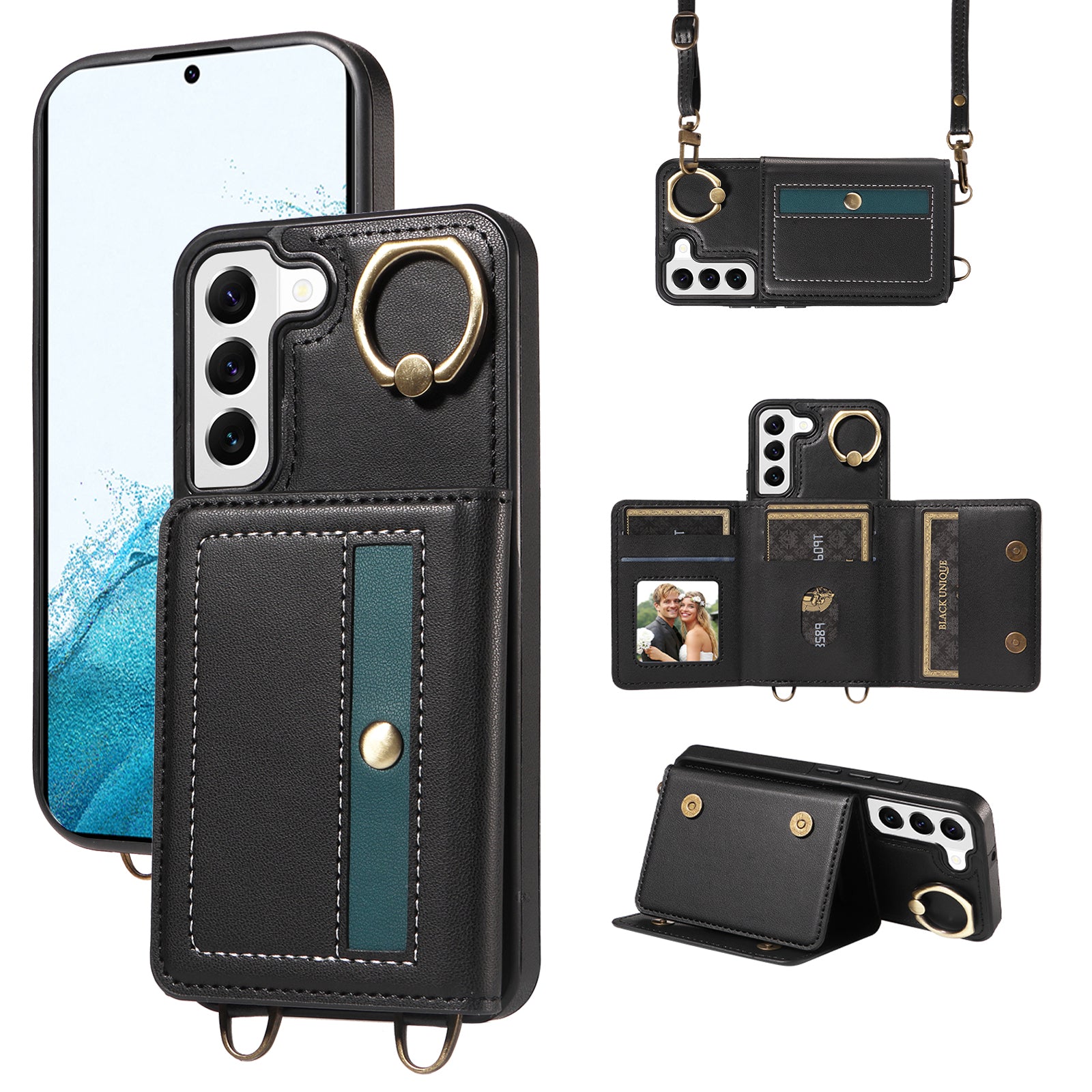 007 For Samsung Galaxy S22 5G Case Ring Kickstand PU Leather Coated TPU Cover with Card Slots