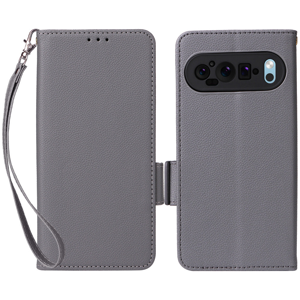 For Google Pixel 9 Pro Leather Case with Wrist Strap Litchi Texture Phone Wallet Cover