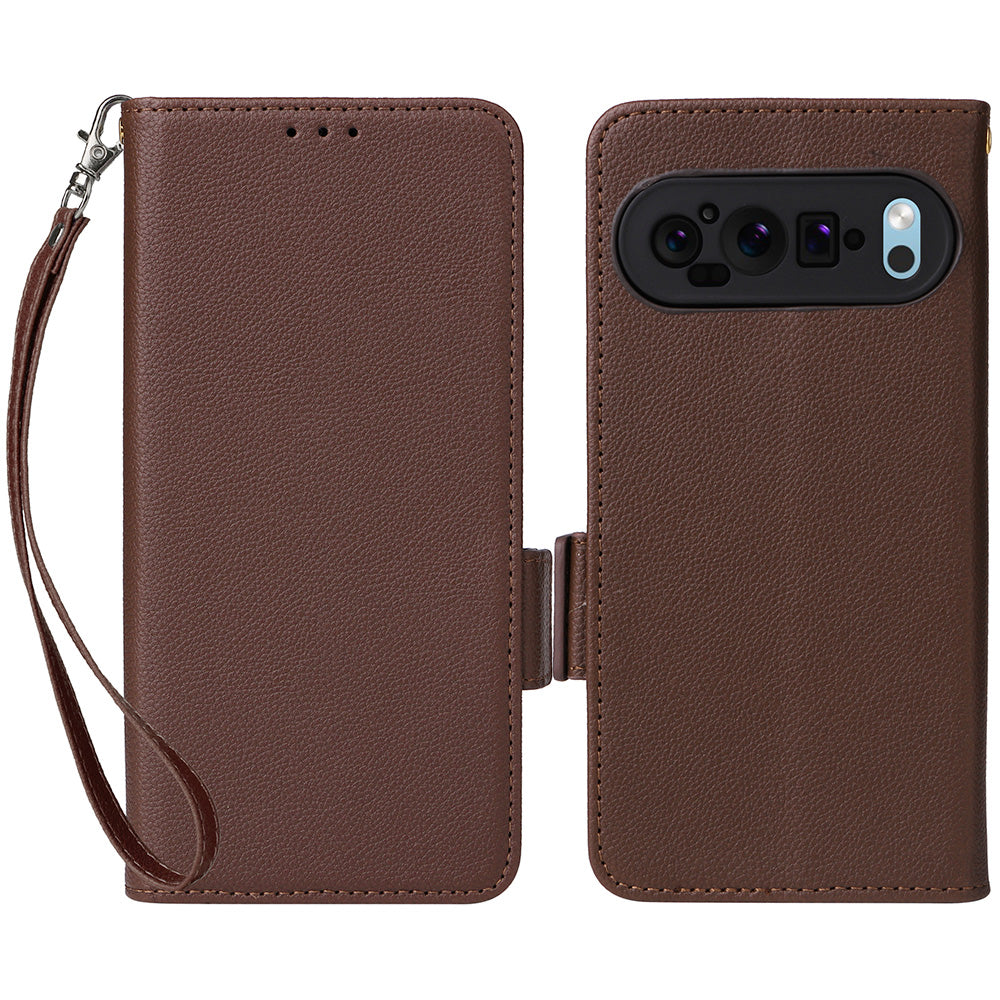For Google Pixel 9 Pro Leather Case with Wrist Strap Litchi Texture Phone Wallet Cover