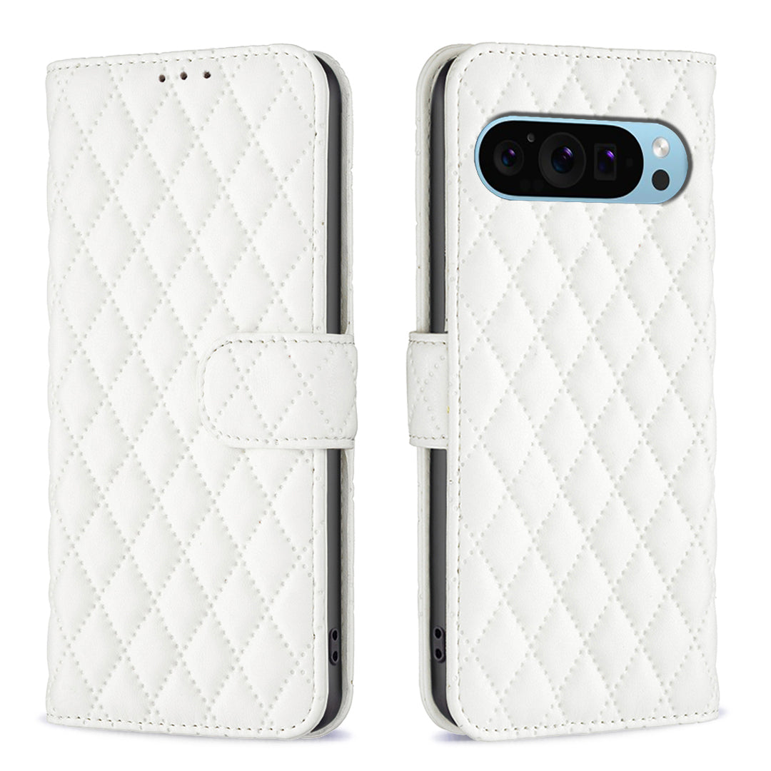 BINFEN COLOR BF Style-14 For Google Pixel 9 Case PU Leather Rhombus Grid Phone Cover