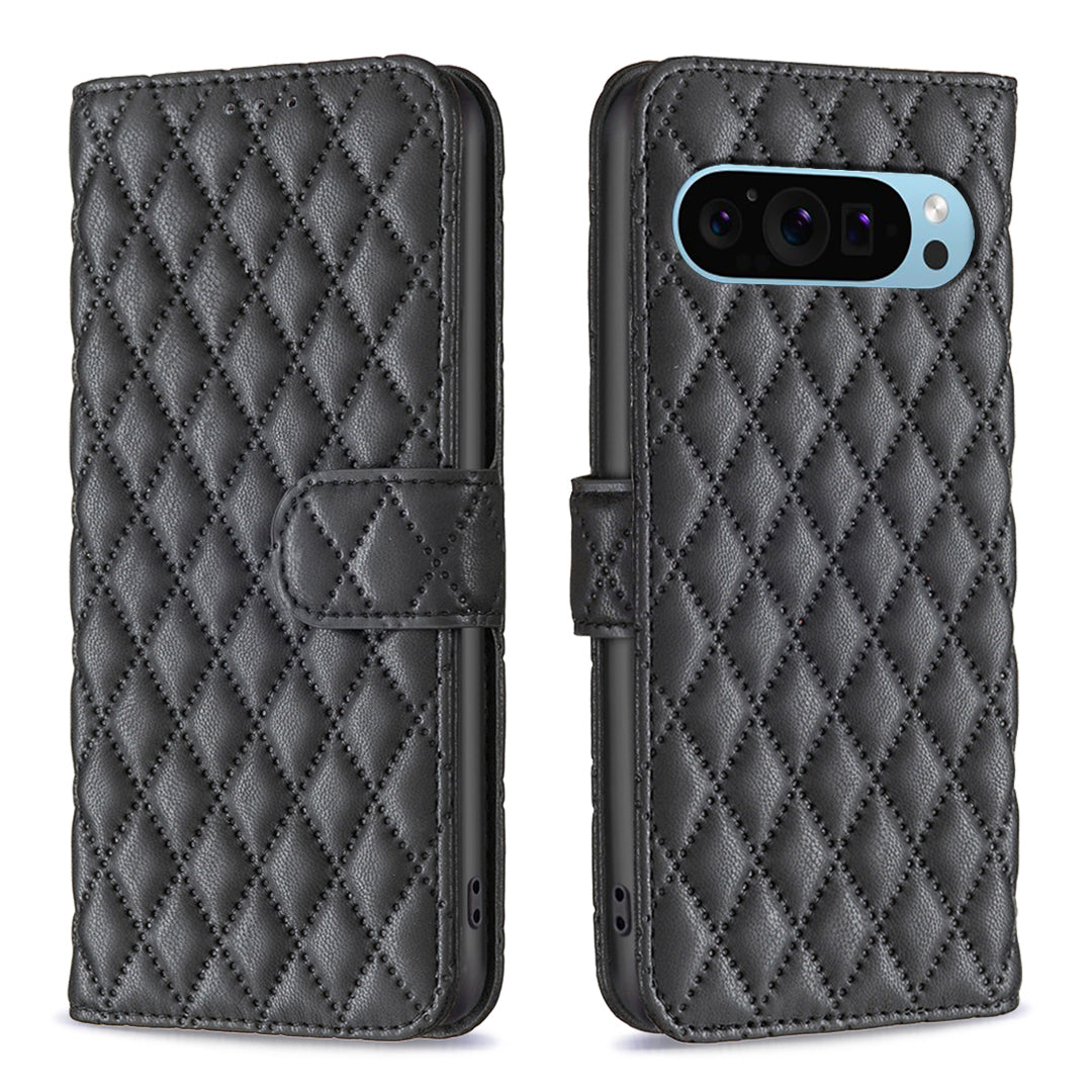 BINFEN COLOR BF Style-14 For Google Pixel 9 Case PU Leather Rhombus Grid Phone Cover