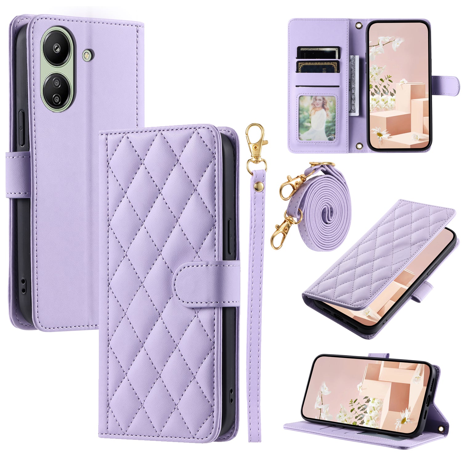 For Xiaomi Redmi 13C 4G / Poco C65 4G Case Wallet Rhombus Grid Pattern Phone Cover with Hand Strap