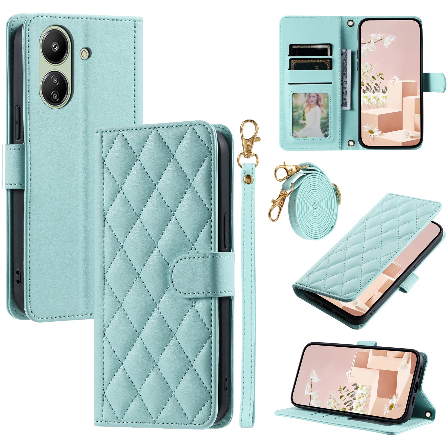 For Xiaomi Redmi 13C 4G / Poco C65 4G Case Wallet Rhombus Grid Pattern Phone Cover with Hand Strap