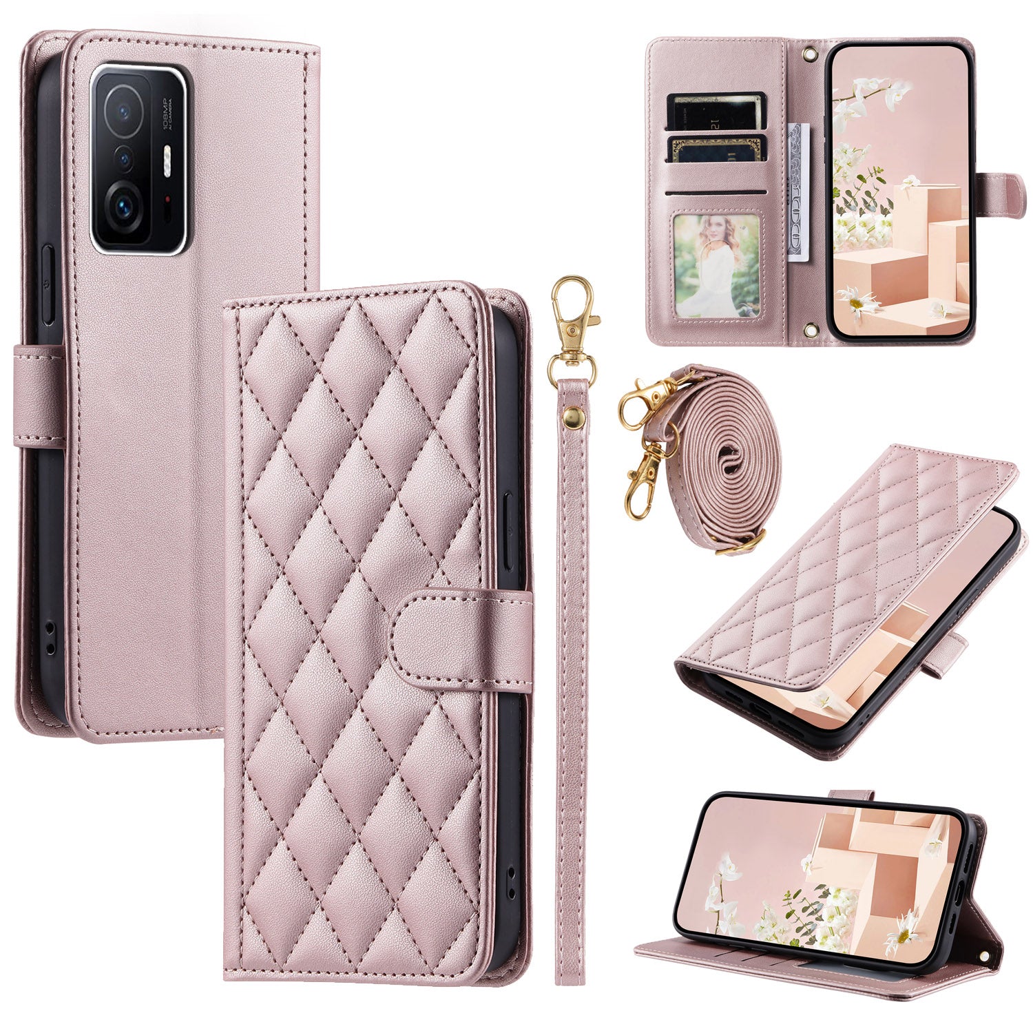 For Xiaomi 11T / 11T Pro Leather Case Wallet Card Holder Phone Cover with Shoulder Strap
