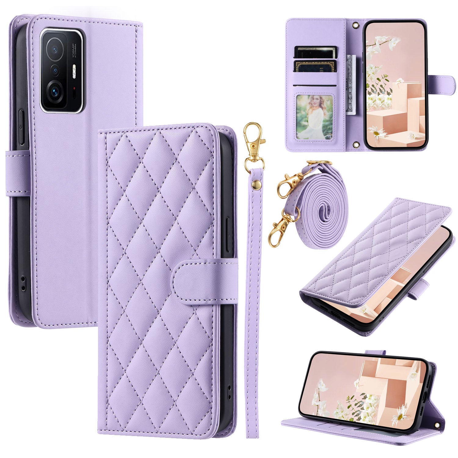 For Xiaomi 11T / 11T Pro Leather Case Wallet Card Holder Phone Cover with Shoulder Strap