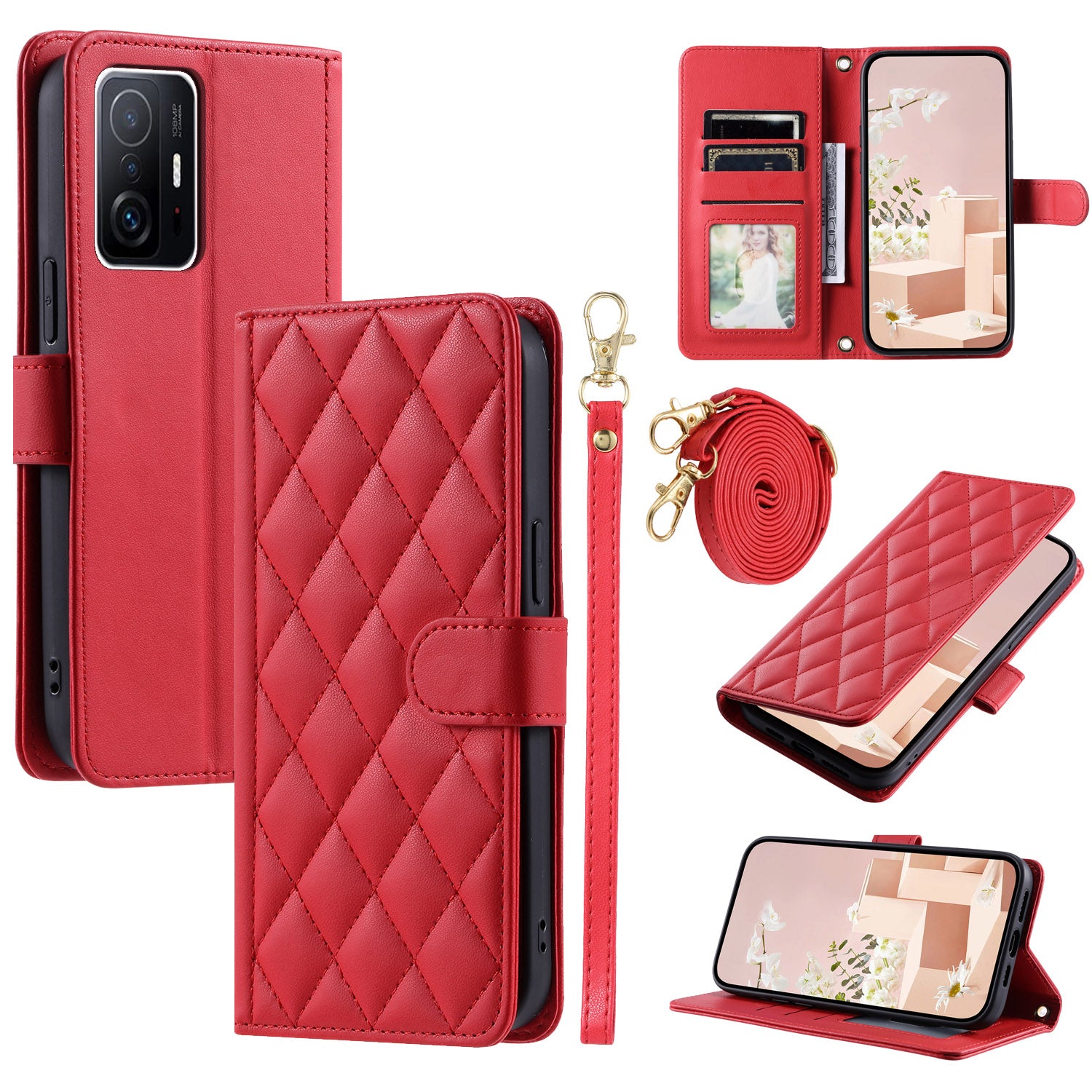 For Xiaomi 11T / 11T Pro Leather Case Wallet Card Holder Phone Cover with Shoulder Strap