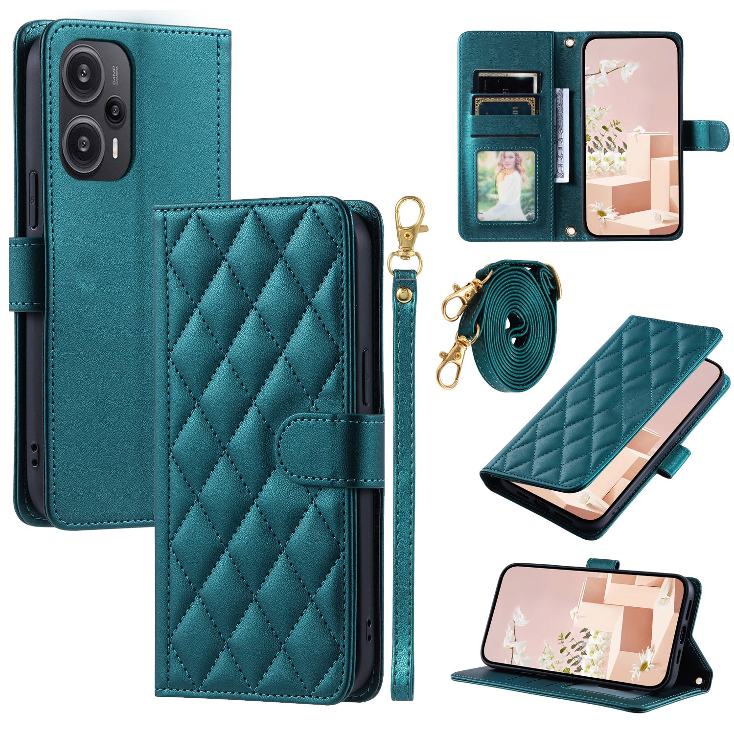 For Xiaomi Poco F5 5G / Redmi Note 12 Turbo Magnetic Case Rhombus Grid Leather Cover with Wrist Strap