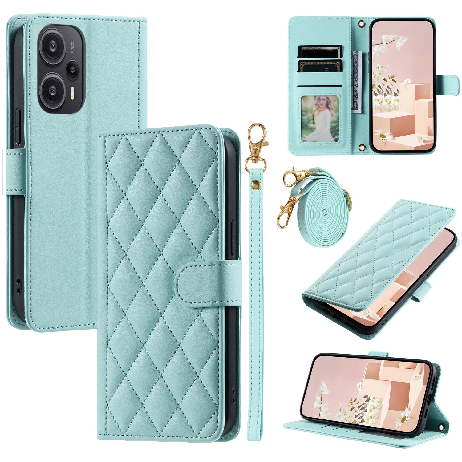 For Xiaomi Poco F5 5G / Redmi Note 12 Turbo Magnetic Case Rhombus Grid Leather Cover with Wrist Strap