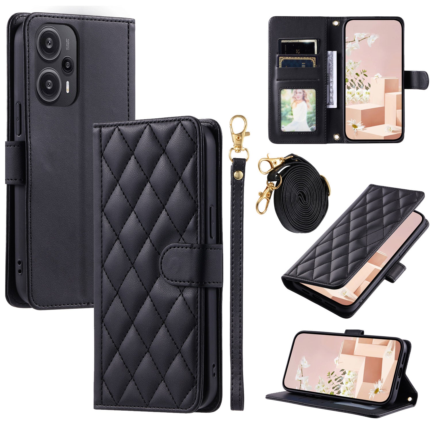 For Xiaomi Poco F5 5G / Redmi Note 12 Turbo Magnetic Case Rhombus Grid Leather Cover with Wrist Strap