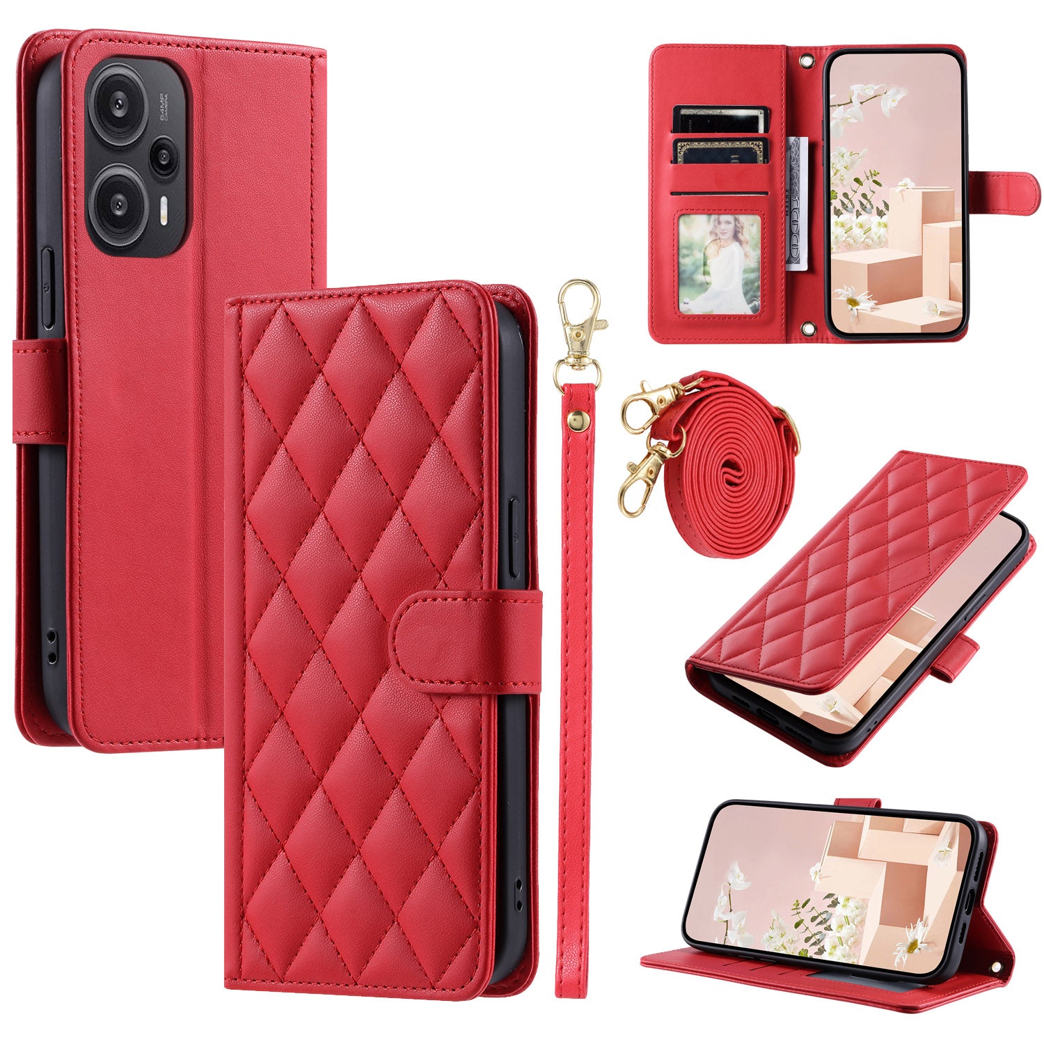 For Xiaomi Poco F5 5G / Redmi Note 12 Turbo Magnetic Case Rhombus Grid Leather Cover with Wrist Strap