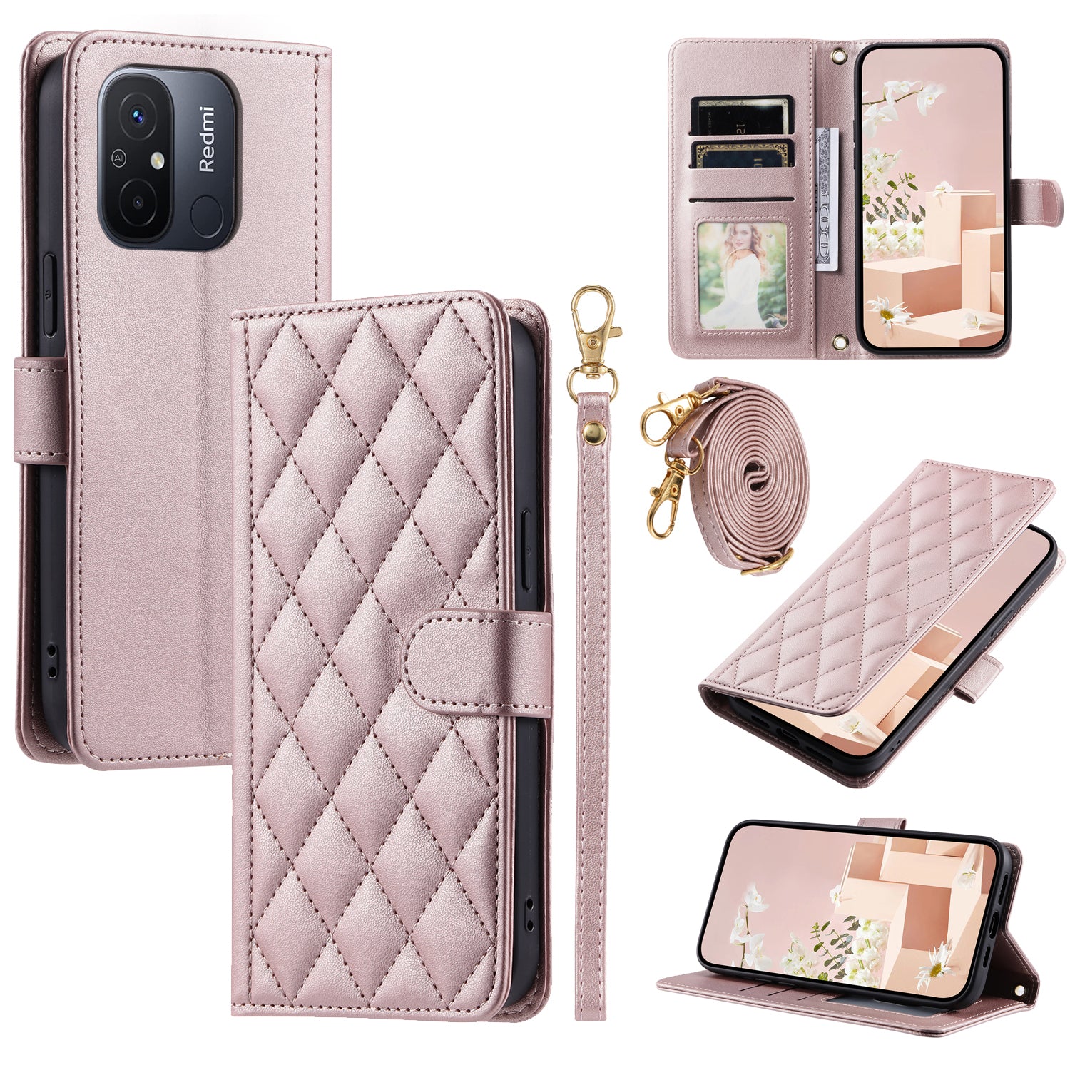 For Xiaomi Redmi 11A 4G / Poco C55 4G Case Rhombus Grid Stand Phone Guard Cover with 2 Straps