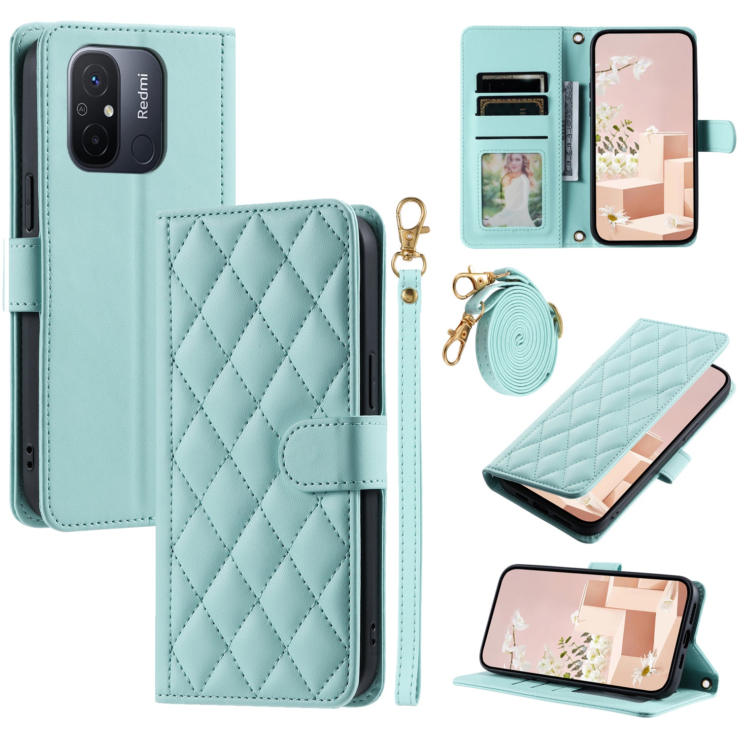 For Xiaomi Redmi 11A 4G / Poco C55 4G Case Rhombus Grid Stand Phone Guard Cover with 2 Straps