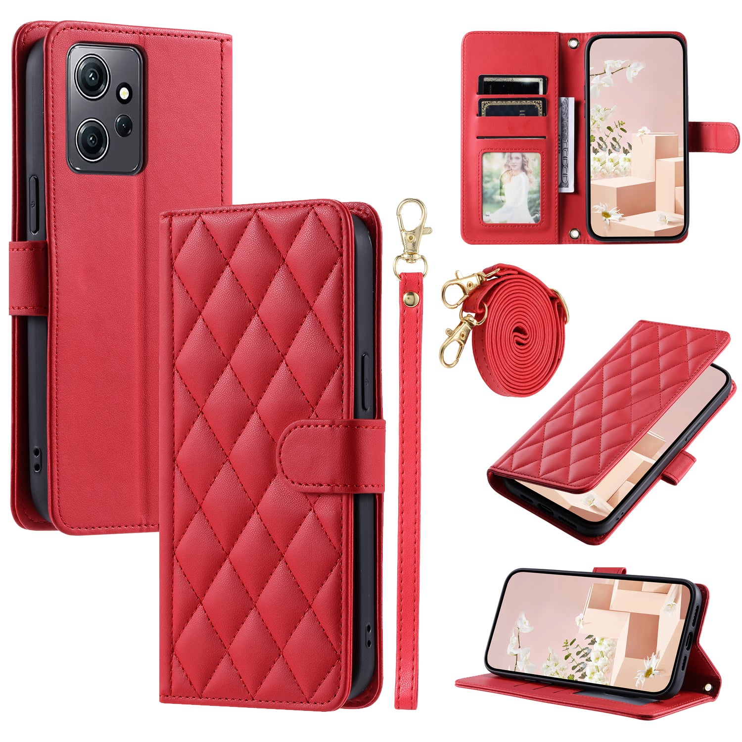 For Xiaomi Redmi 11A 4G / Poco C55 4G Case Rhombus Grid Stand Phone Guard Cover with 2 Straps