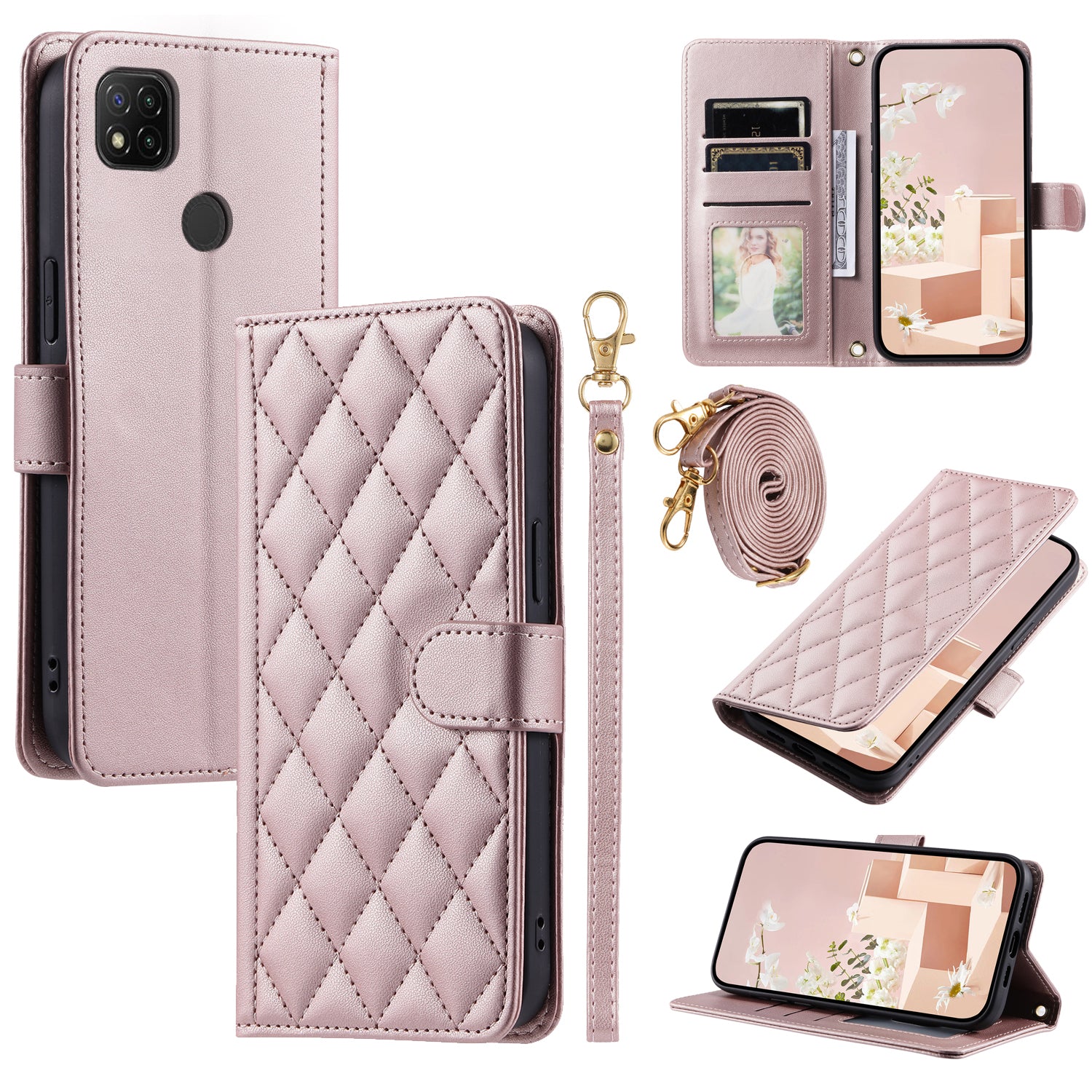 For Xiaomi Redmi 9C / Poco C31 / Redmi 9C NFC Cell Phone Case Rhombus Grid Leather Cover with 2 Straps