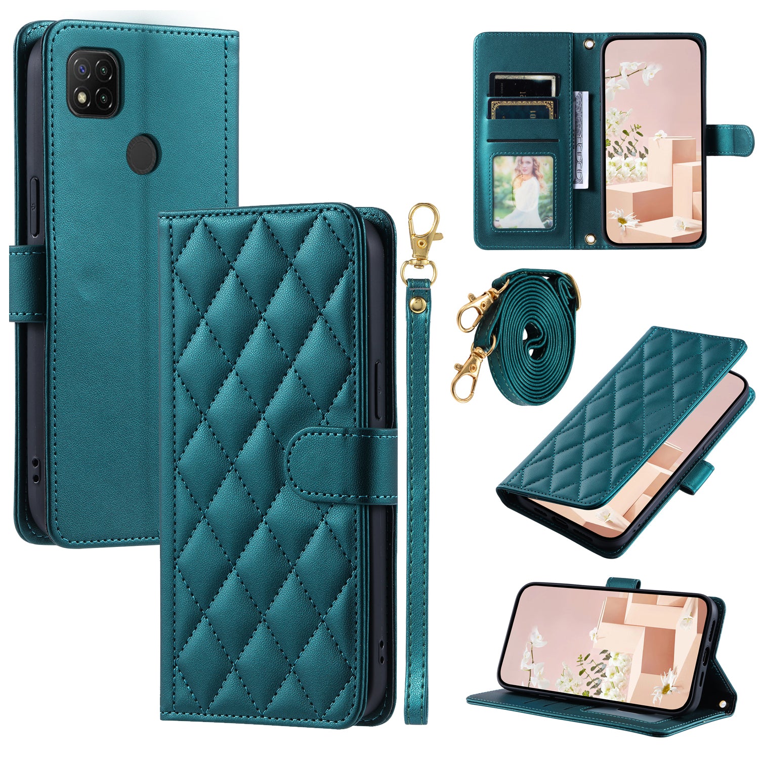For Xiaomi Redmi 9C / Poco C31 / Redmi 9C NFC Cell Phone Case Rhombus Grid Leather Cover with 2 Straps