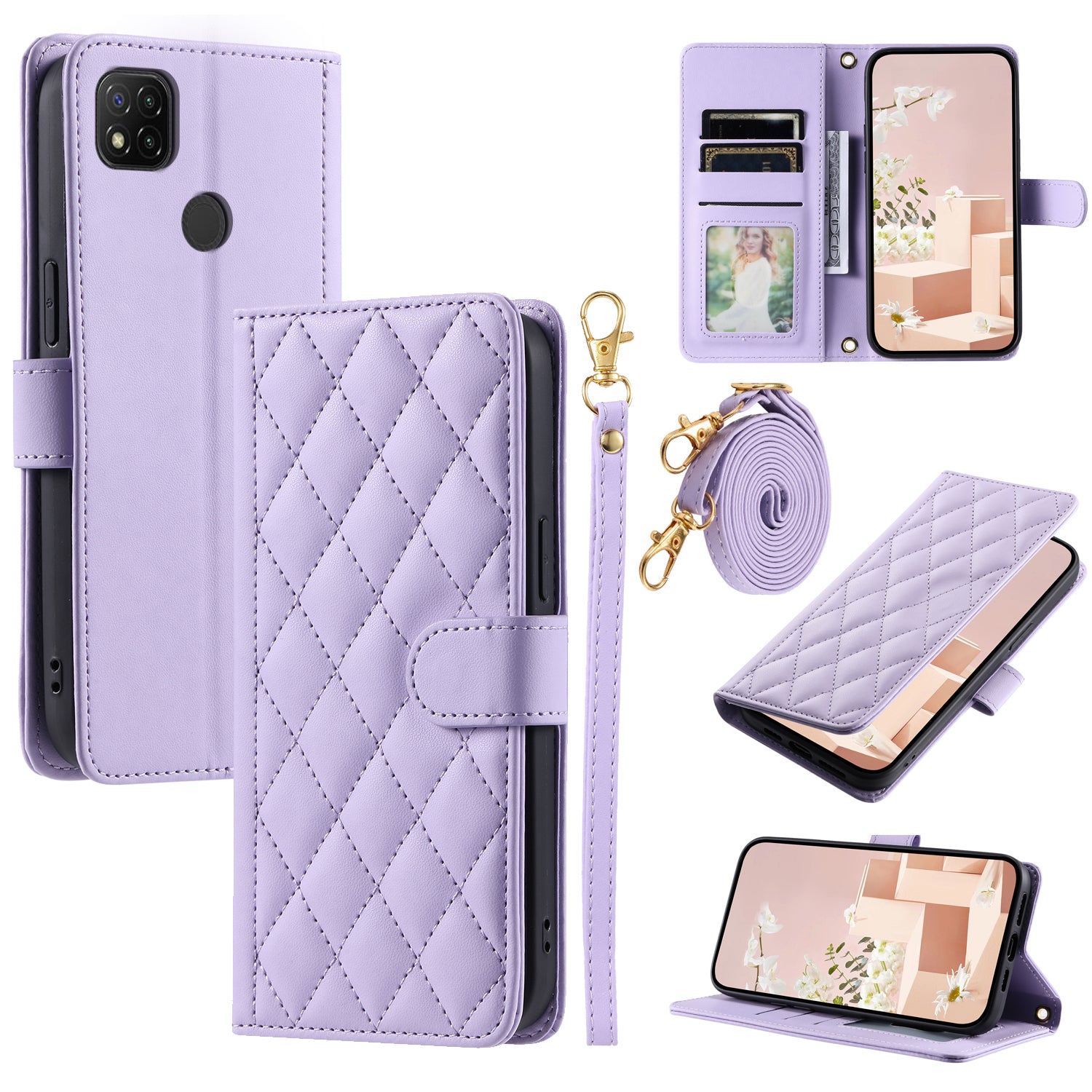 For Xiaomi Redmi 9C / Poco C31 / Redmi 9C NFC Cell Phone Case Rhombus Grid Leather Cover with 2 Straps