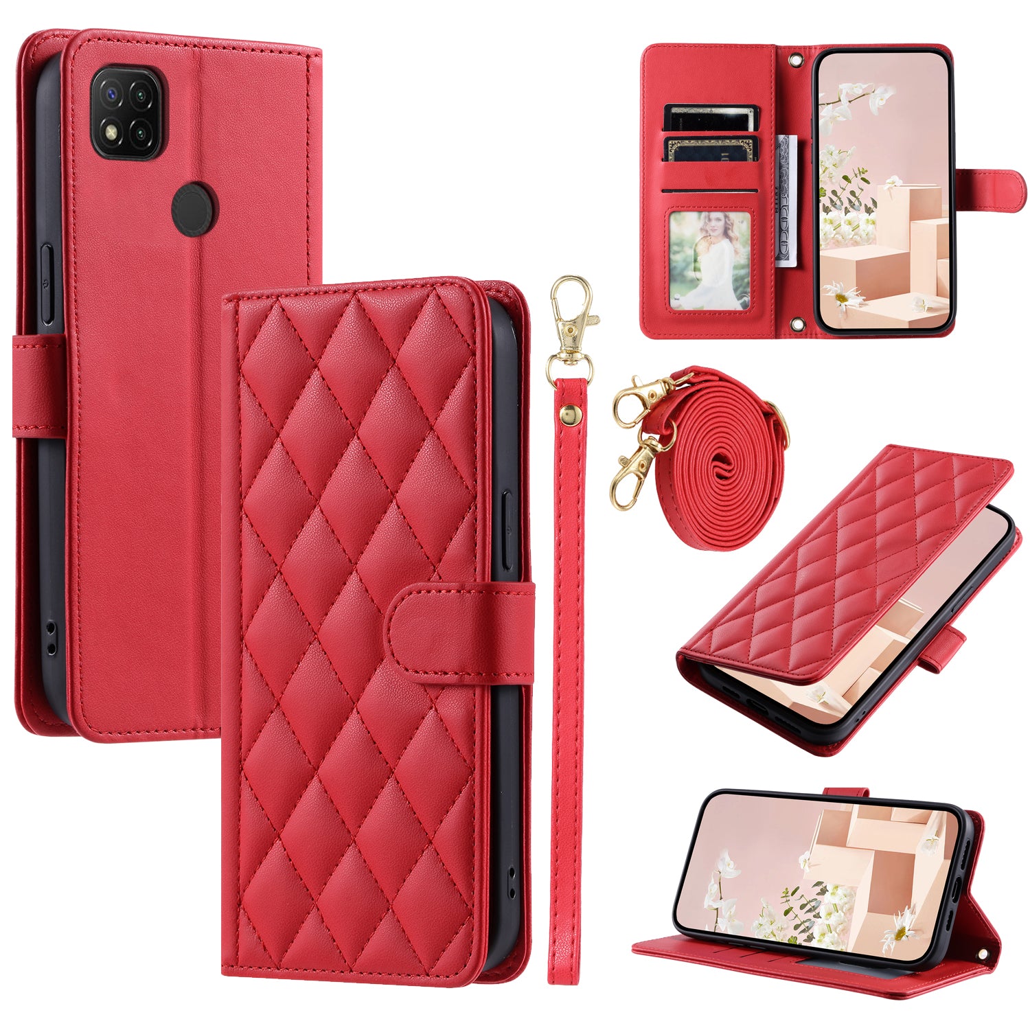 For Xiaomi Redmi 9C / Poco C31 / Redmi 9C NFC Cell Phone Case Rhombus Grid Leather Cover with 2 Straps