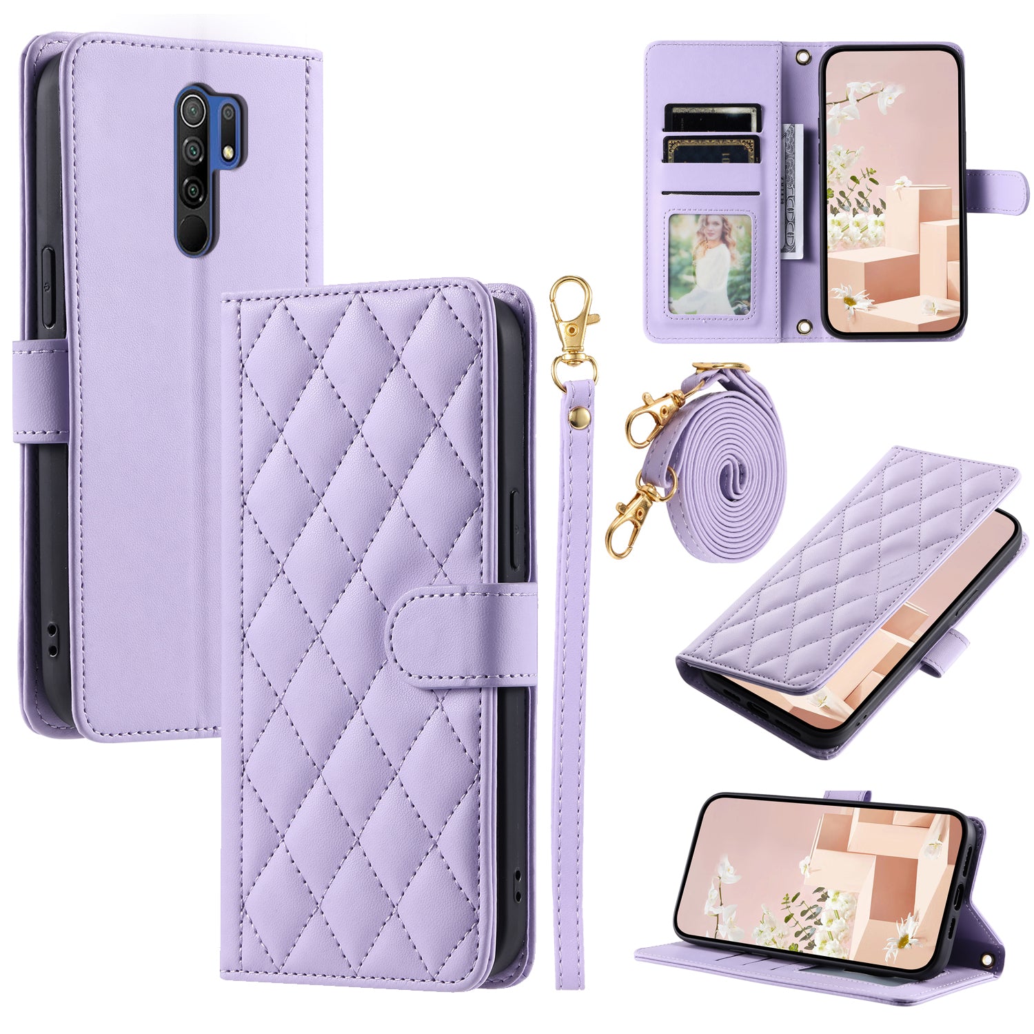 For Xiaomi Poco M2 / Redmi 9 / 9 Prime (India) Case Rhombus Grid Leather Wallet Phone Cover with 2 Straps