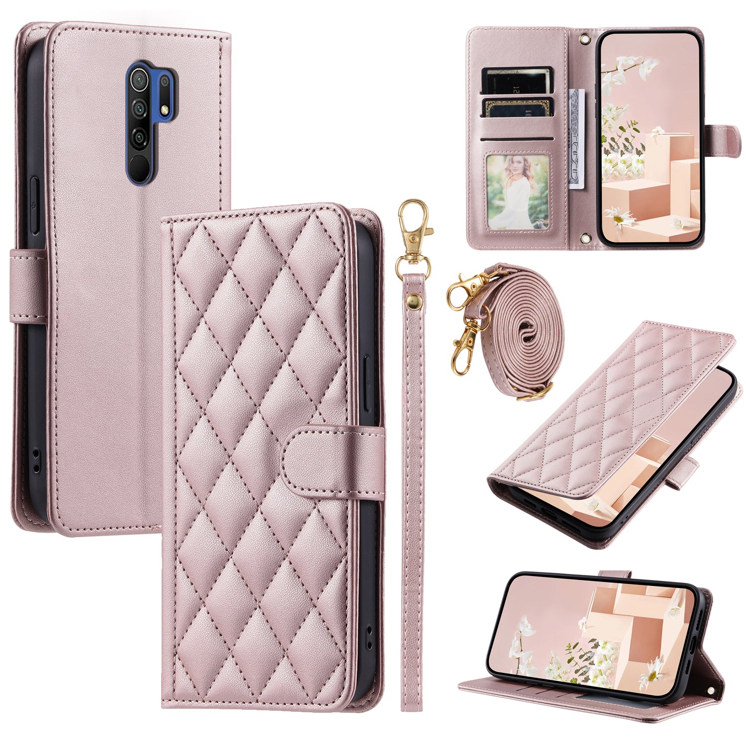 For Xiaomi Poco M2 / Redmi 9 / 9 Prime (India) Case Rhombus Grid Leather Wallet Phone Cover with 2 Straps