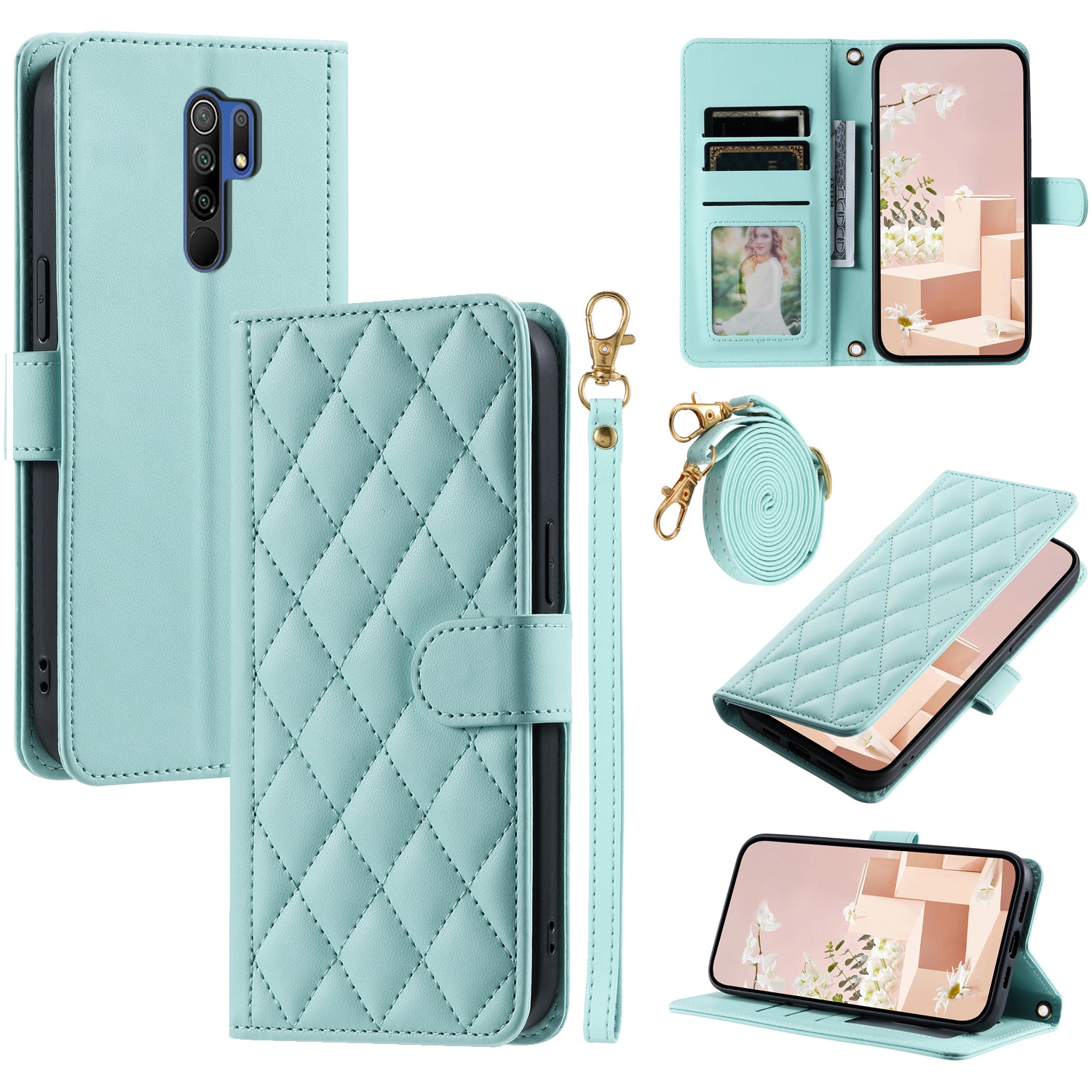 For Xiaomi Poco M2 / Redmi 9 / 9 Prime (India) Case Rhombus Grid Leather Wallet Phone Cover with 2 Straps