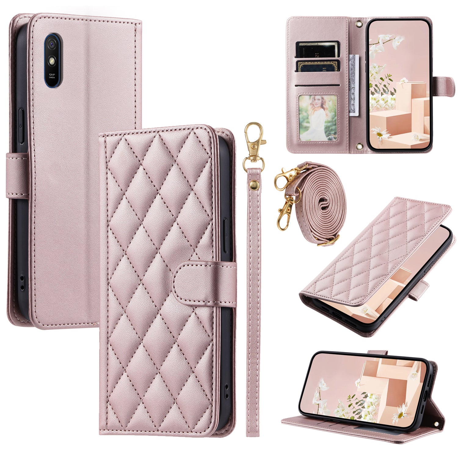 For Xiaomi Redmi 9A / 9AT / 9i Phone Case Rhombus Grid Leather Wallet Stand Cover with 2 Straps