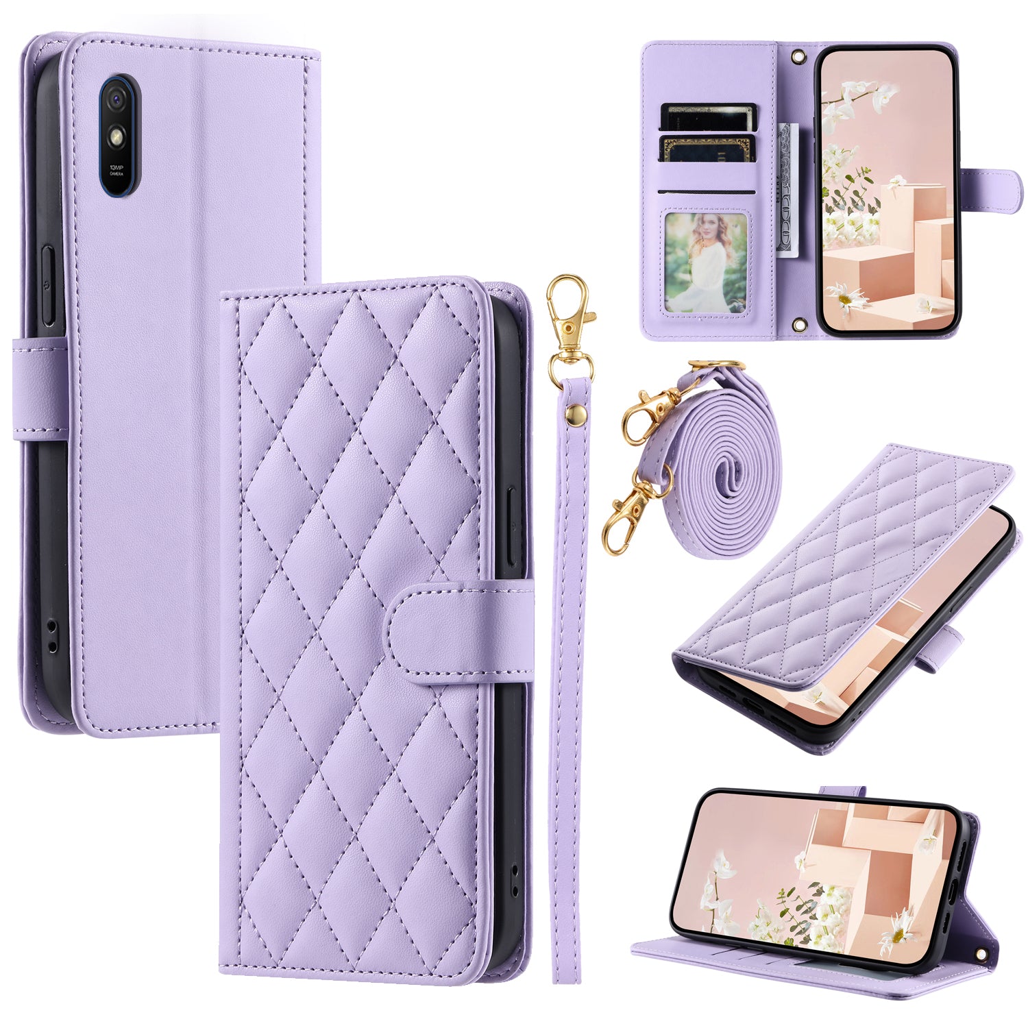 For Xiaomi Redmi 9A / 9AT / 9i Phone Case Rhombus Grid Leather Wallet Stand Cover with 2 Straps