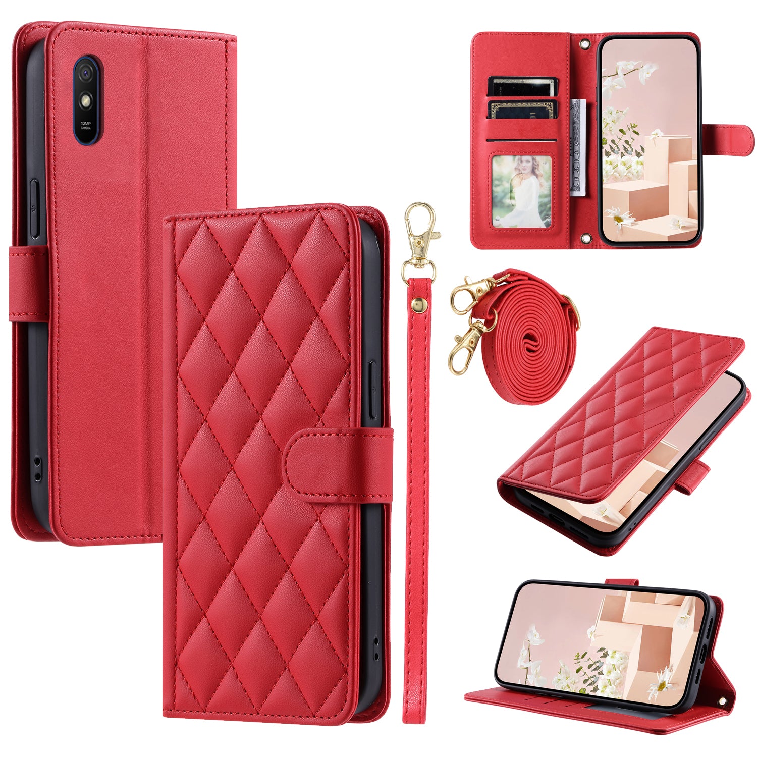 For Xiaomi Redmi 9A / 9AT / 9i Phone Case Rhombus Grid Leather Wallet Stand Cover with 2 Straps