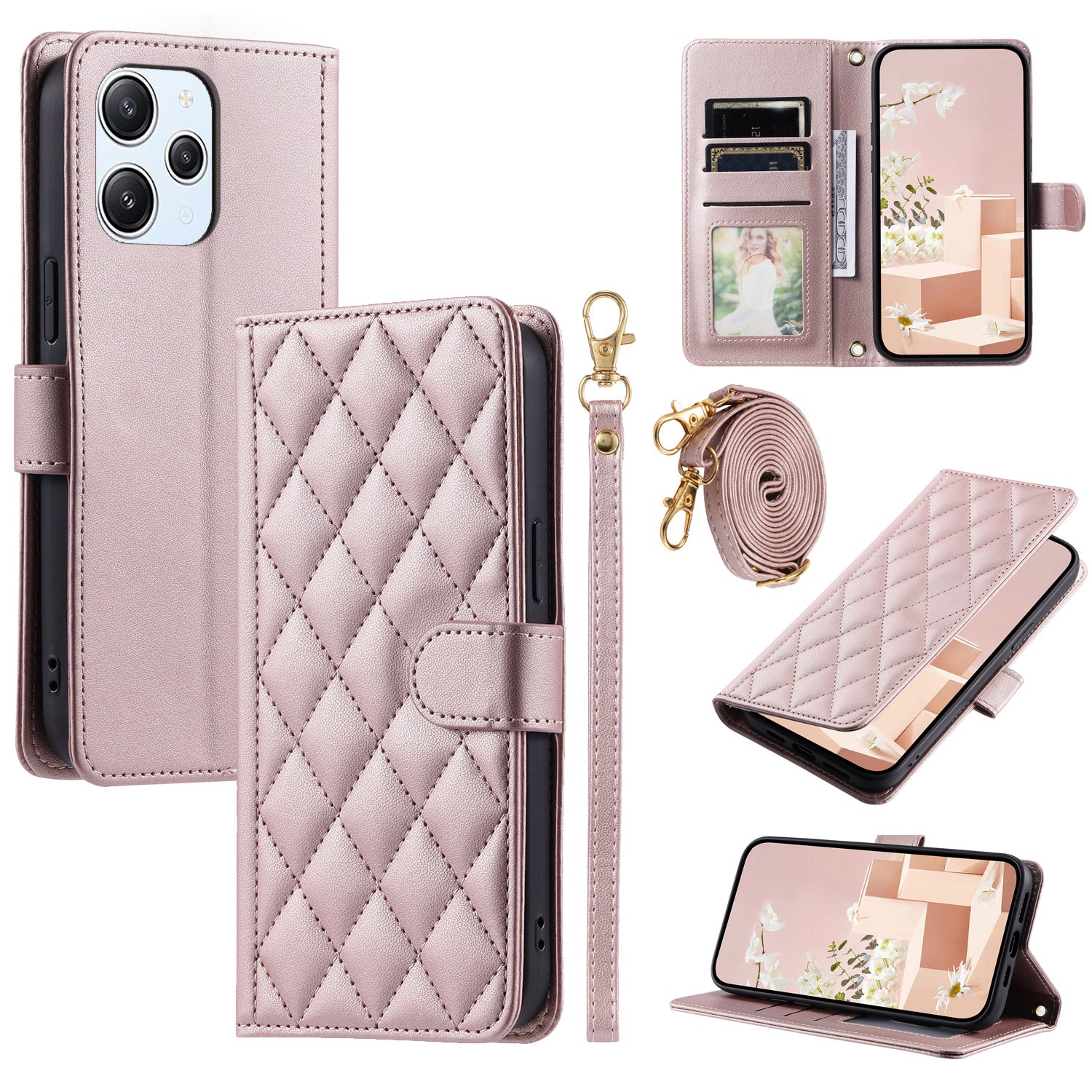 For Xiaomi Redmi 12 4G / Redmi 12 5G (Global) / Poco M6 Pro 5G Case Leather Wallet Anti-drop Phone Cover with 2 Straps
