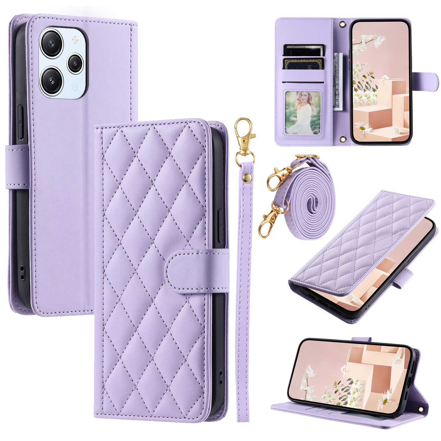 For Xiaomi Redmi 12 4G / Redmi 12 5G (Global) / Poco M6 Pro 5G Case Leather Wallet Anti-drop Phone Cover with 2 Straps