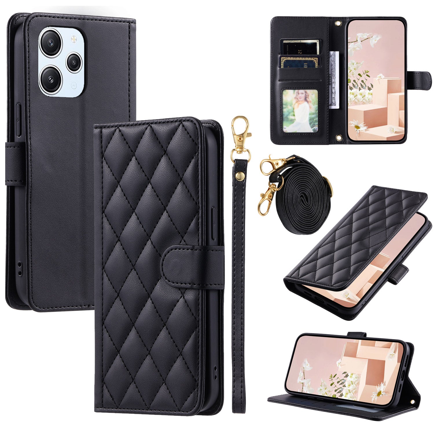 For Xiaomi Redmi 12 4G / Redmi 12 5G (Global) / Poco M6 Pro 5G Case Leather Wallet Anti-drop Phone Cover with 2 Straps