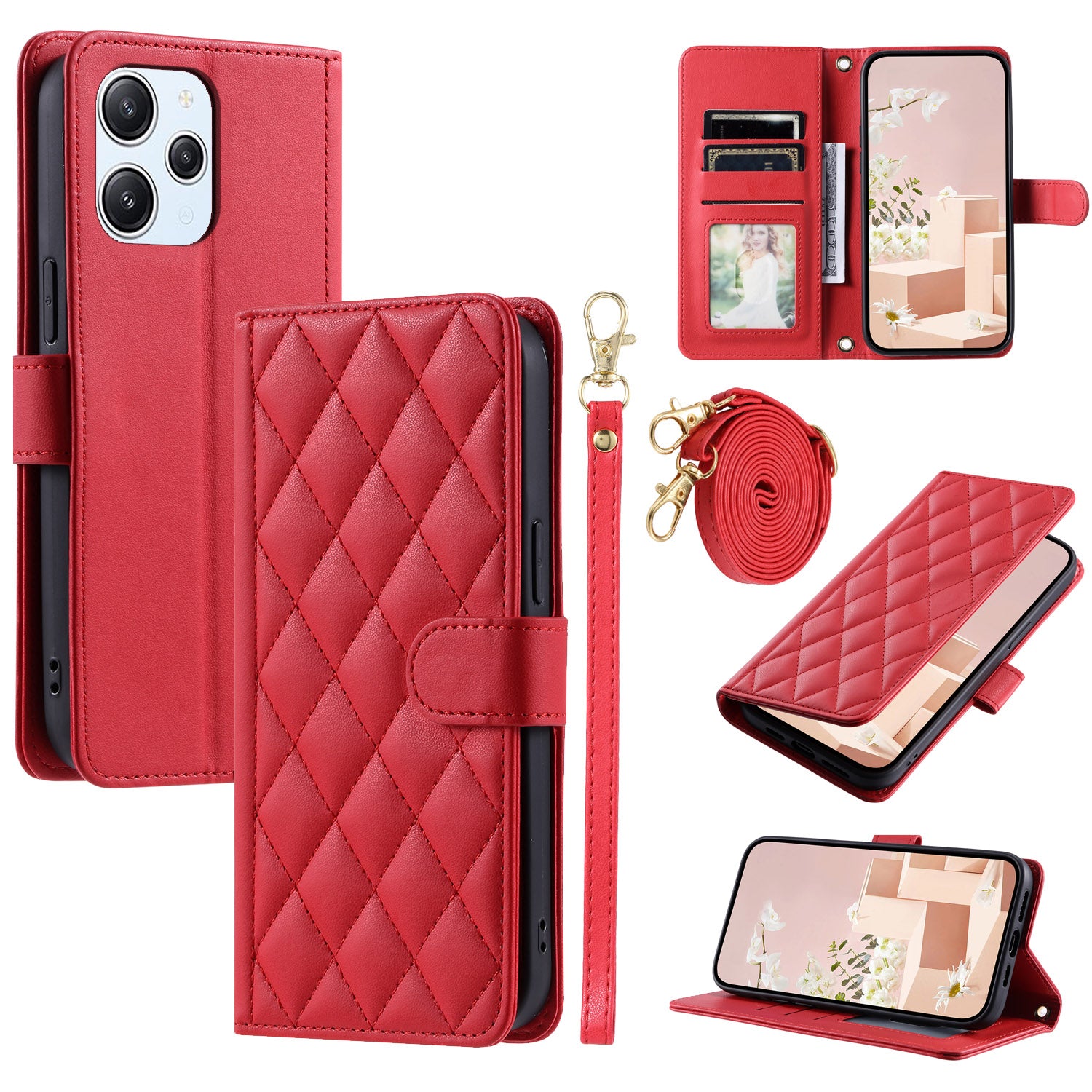 For Xiaomi Redmi 12 4G / Redmi 12 5G (Global) / Poco M6 Pro 5G Case Leather Wallet Anti-drop Phone Cover with 2 Straps